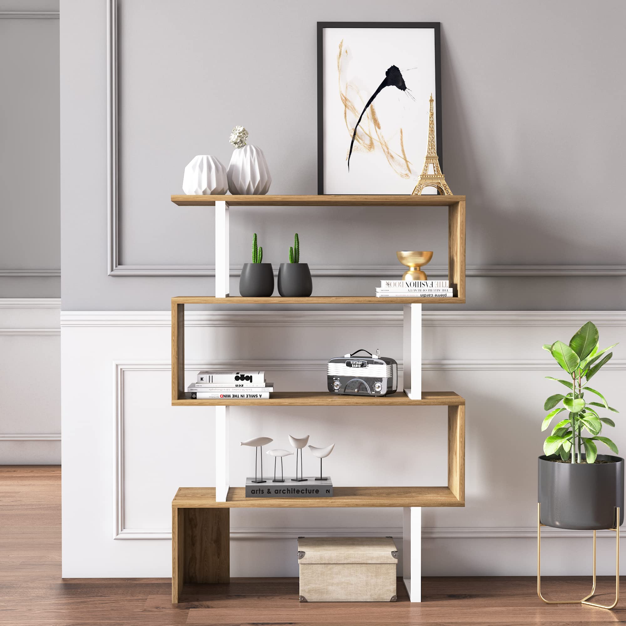 Decorotika Adriana 4-Shelf Geometric Modern Industrial Bookcase - White & Oak Wood Bookshelf for Living Room, Office & Bedroom Storage