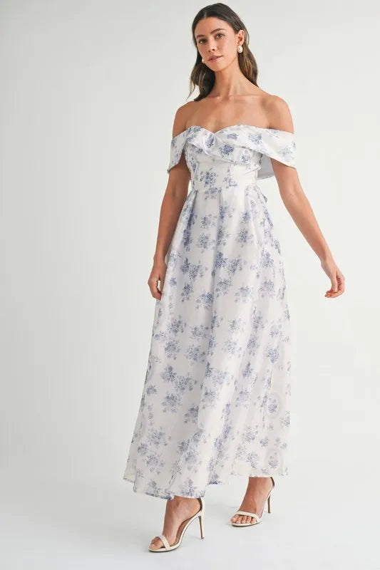 Floral Print Off Shoulder Maxi Summer Dress - Women's Boho Beach Dress for Vacation, Party & Outdoor Events