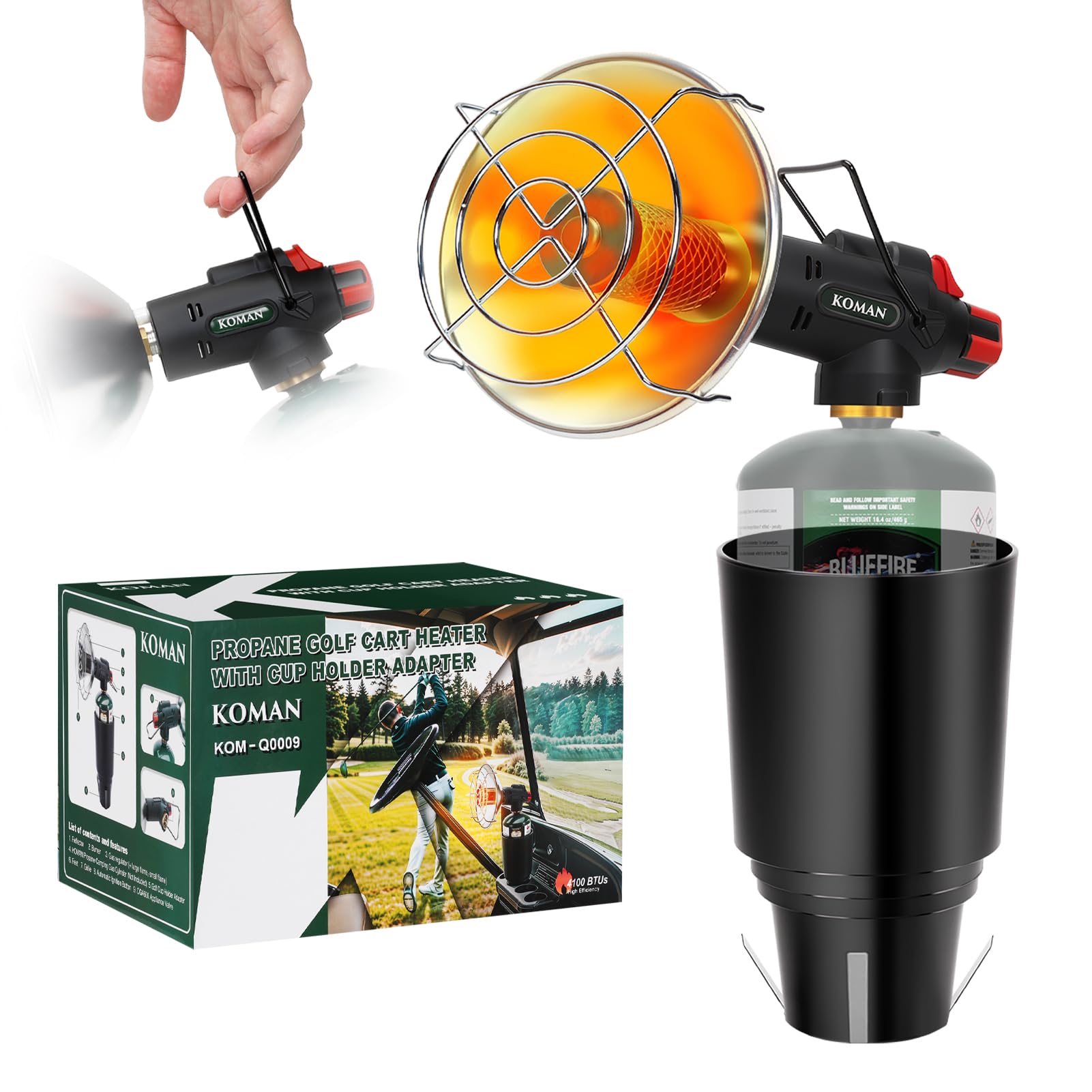 Portable Propane Golf Cart Heater with Cup Holder - Self-Ignition, Cordless & Safe - Compatible with EZGO, Yamaha, Club Car (Fuel Not Included) | Perfect for Winter Golfing, Camping & Outdoor Activities