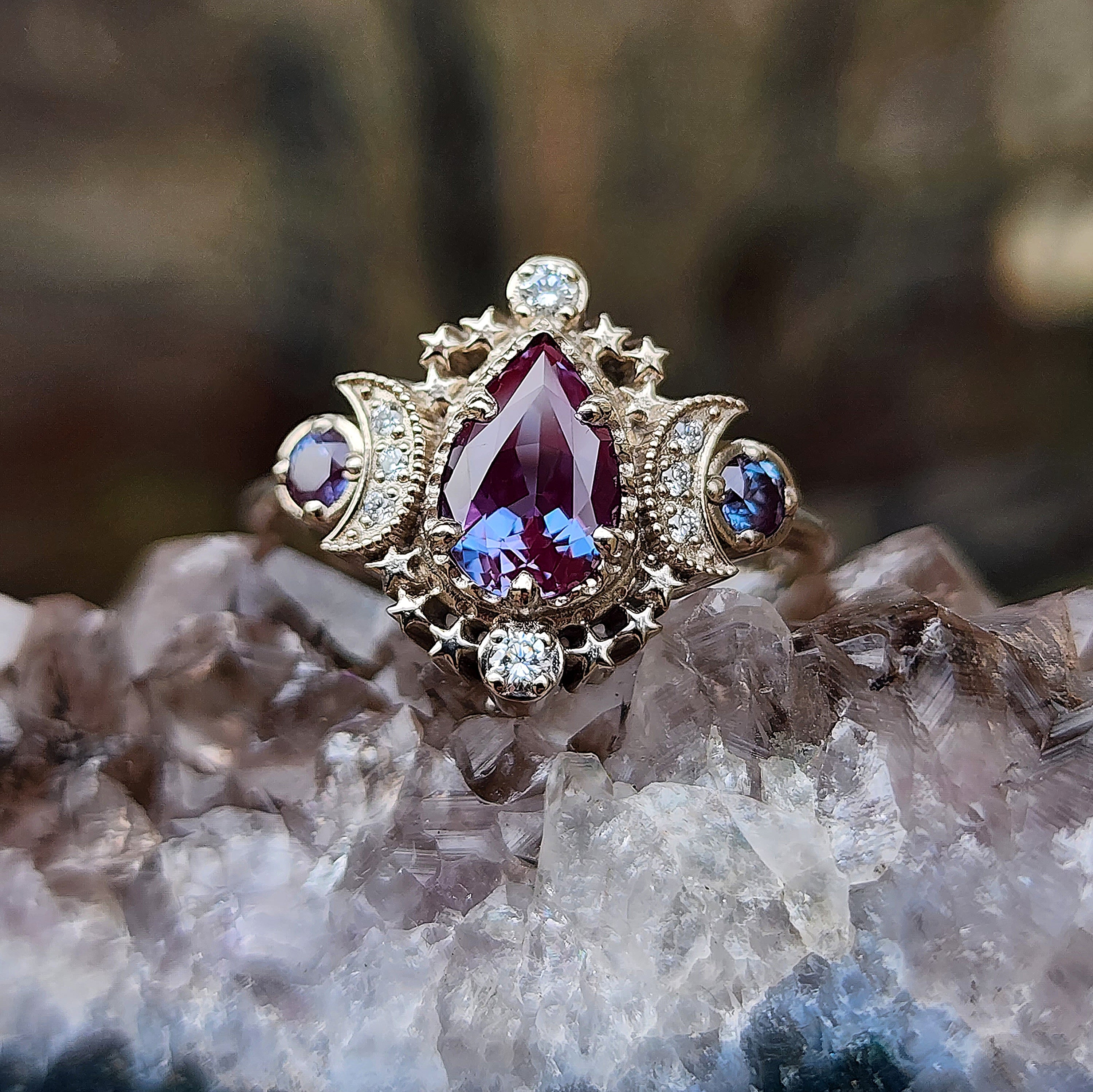 Pear Cosmos Moon Ring with Colored Gem Sides - Customizable Ring Setting for DIY Jewelry Making | Perfect for Engagement, Wedding, Anniversary & Everyday Wear