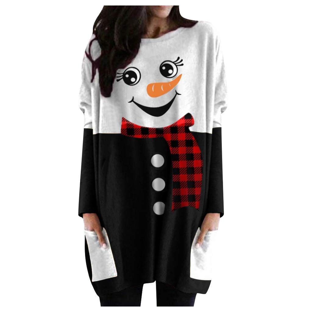 HUMKOMJ Plus Size Women's Long Sleeve Christmas Printed O-Neck T-Shirt Blouse - Festive Holiday Party Top for Casual Wear & Christmas Gatherings