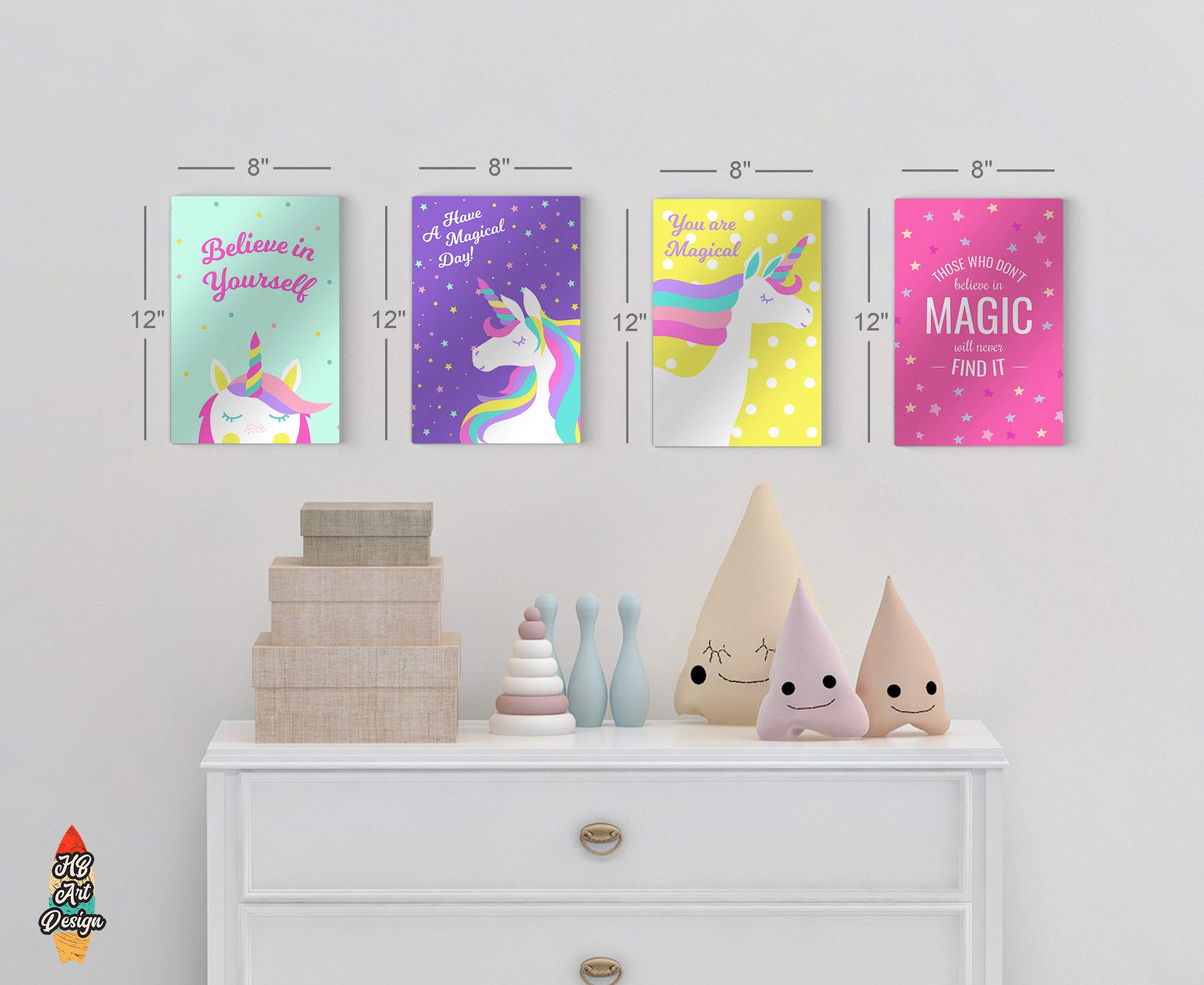 HB Art Design Beautiful Unicorn Motivational Wall Art - 4 Panel Metal Print Set for Nursery, Baby Girl & Boy Room, Kids Bedroom Decor - Ready to Hang, 100% Handmade in USA (12x8 Inches x4) - Perfect for Birthday Gifts, Baby Showers & Nursery Theming