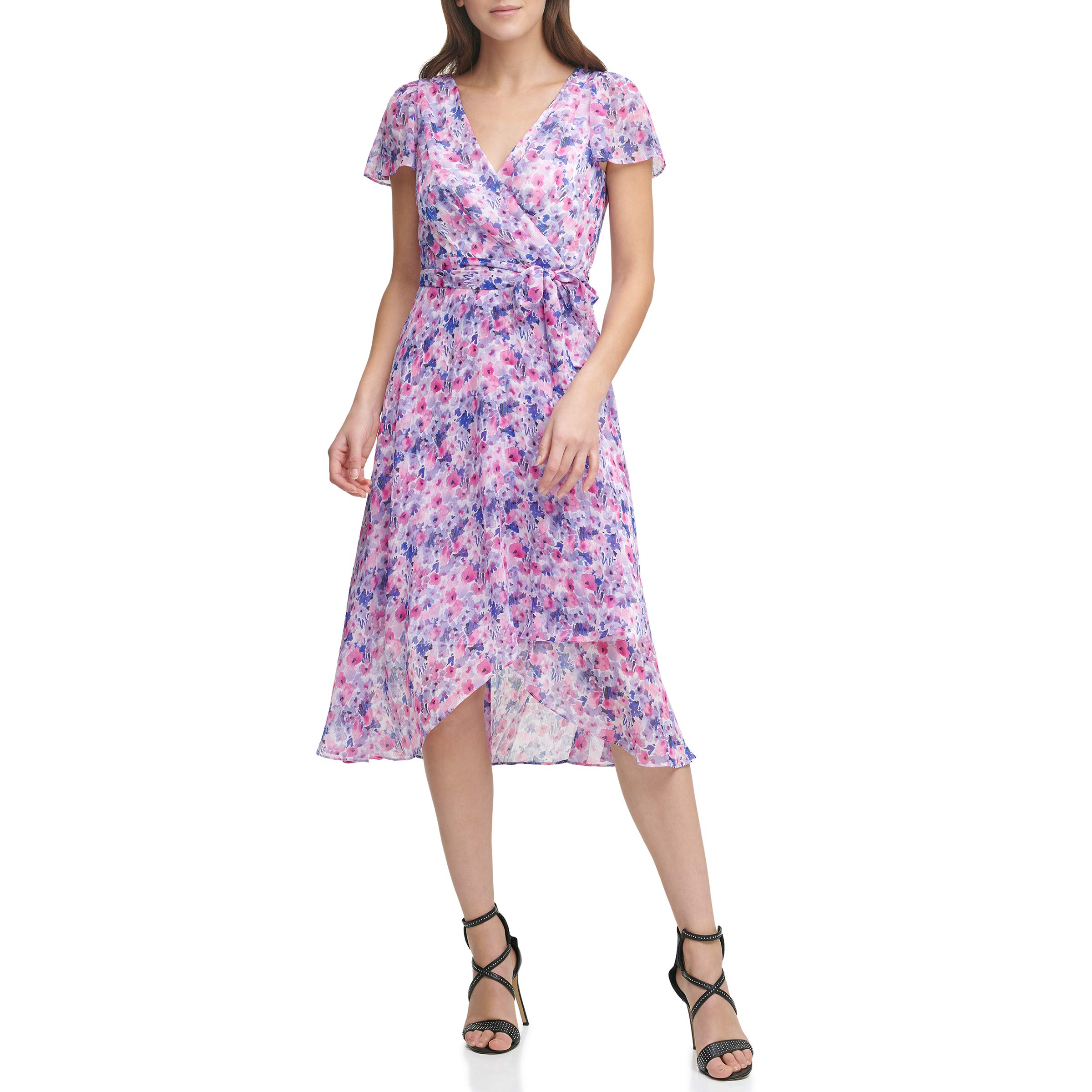 DKNY Women's Faux Wrap Dress - Elegant Sleeveless V-Neck Midi Dress for Work, Party & Special Occasions | Plus Size Options Available