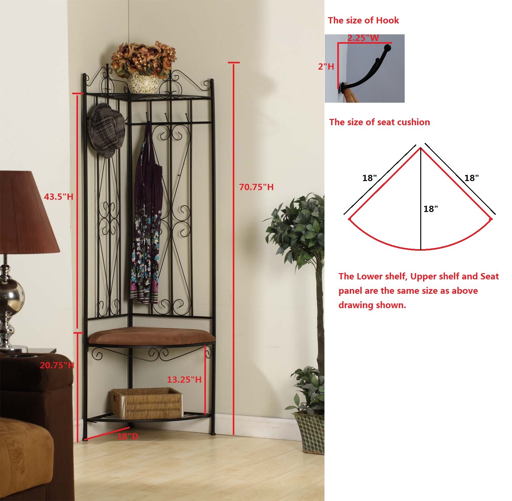 KB Designs 6-Hook Corner Hall Tree with Bench & Shoe Storage - Black/Brown Coat Rack Entryway Organizer for Home, Mudroom & Apartment Entry