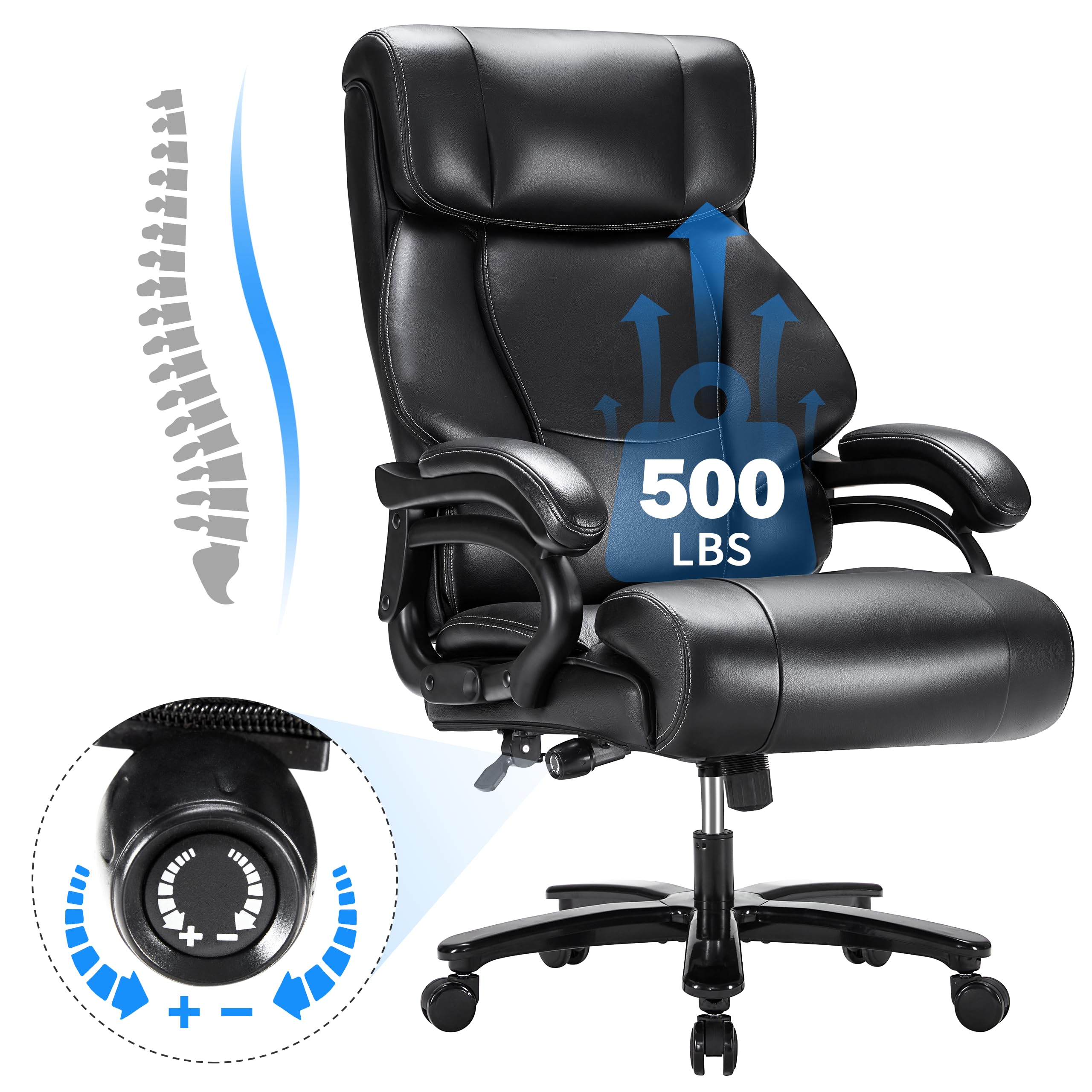 DIFUY Big and Tall Office Chair 500lbs - Heavy Duty Executive Chair for Long Hours, Ergonomic Leather Desk Chair with Lumbar Support for Back Pain Relief - Perfect for Home Office, Gaming, and Workspaces (Black)
