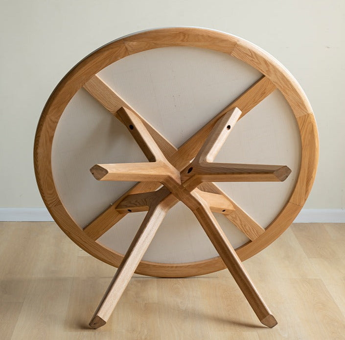 Solid Oak Wood Round Nordic Dining Table with Rock Slab Surface - Modern Farmhouse Kitchen & Dining Room Furniture for Family Gatherings