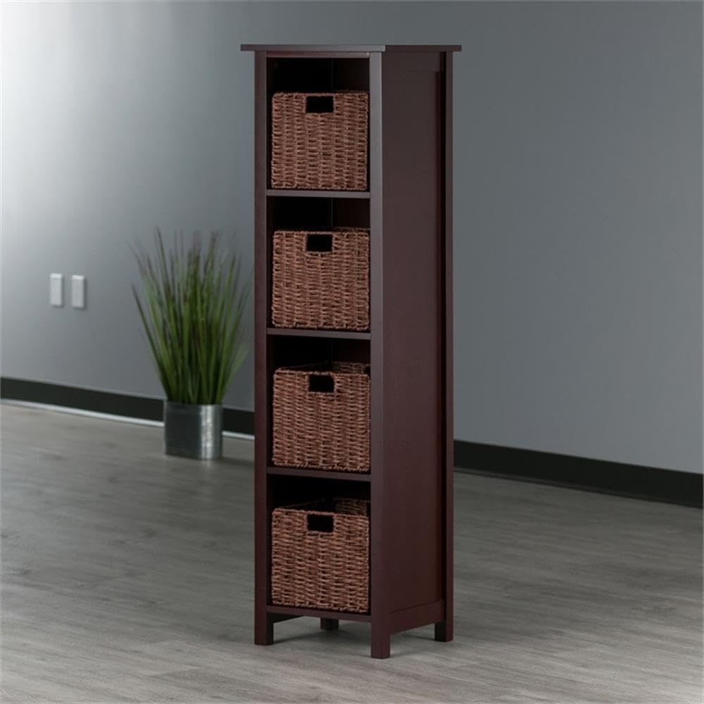 Winsome Wood Milan 5-Piece Storage Shelf with 4 Foldable Woven Baskets in Walnut - Space Saving Organizer for Bedroom, Living Room & Office