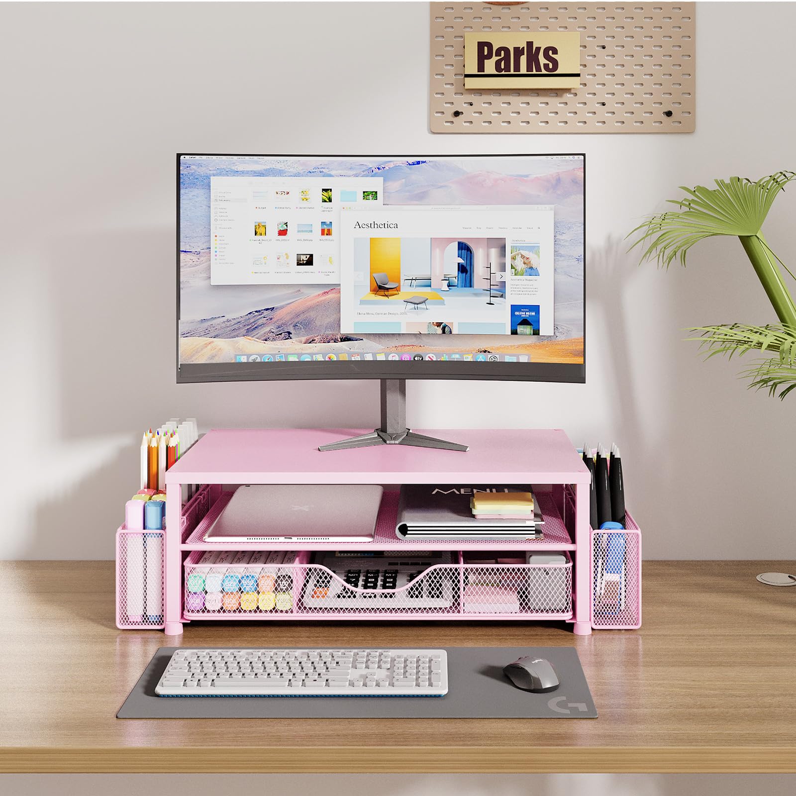 2-Tier Pink Monitor Stand with Drawer & Pen Holders - Space Saving Desk Organizer for Office Supplies | Perfect for Home Office, Workspace & Computer Desk Organization