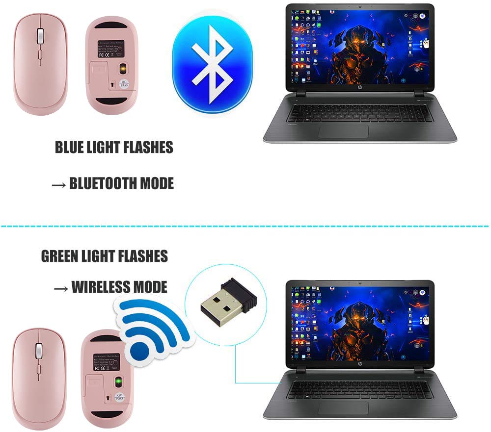 Wireless Mouse for Laptop, Bluetooth & USB Dual Mode Silent Mouse - Pink | Compatible with PC, MacBook, Desktop | Perfect for Office, Home & Travel Use