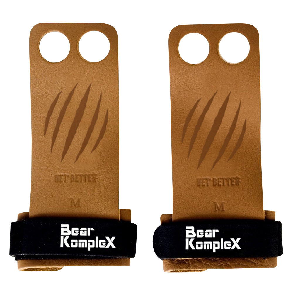 Bear KompleX 2-Hole Hand Grips for CrossFit & Weightlifting - Premium Tan Leather Gym Grips for Pull-Ups, Deadlifts & Strength Training