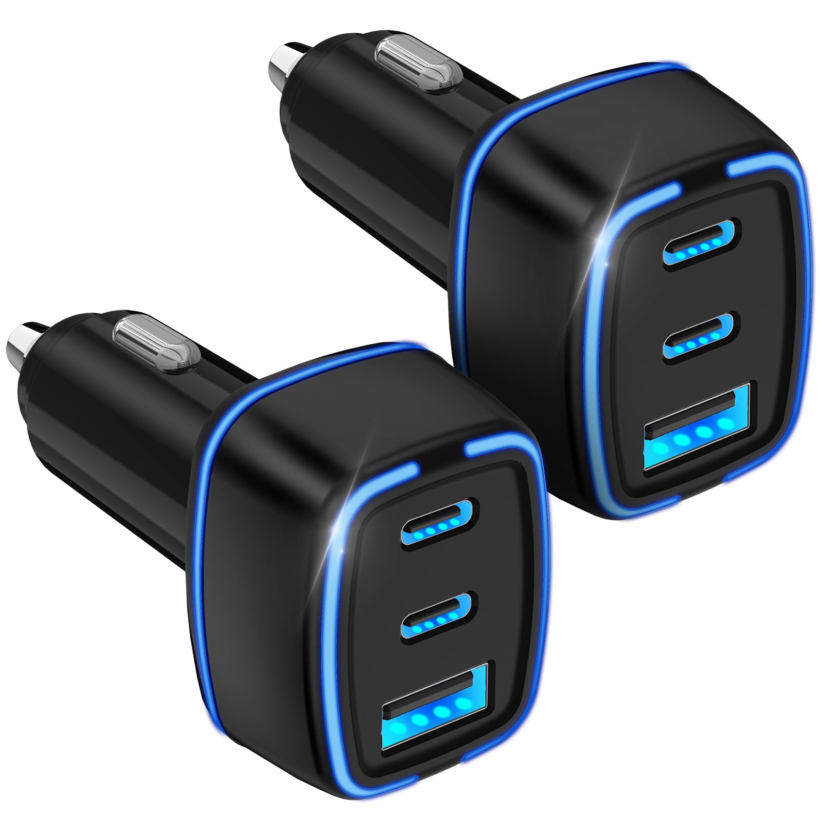 3-Port USB C Car Charger with PD - Super Mini Cigarette Lighter Adapter (2-Pack) - Fast Charging for iPhone 16/15 Pro Max, Galaxy S25/S24, iPad, Pixel & Android Phones - Perfect Travel Accessory for Road Trips & Commuting