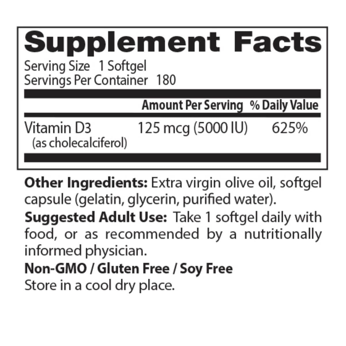 Doctor's Best Vitamin D3 125 mcg (5,000 IU) - 180 Softgels for Immune Support & Bone Health - Essential Supplement for Adults & Seniors - Perfect for Daily Wellness & Winter Months