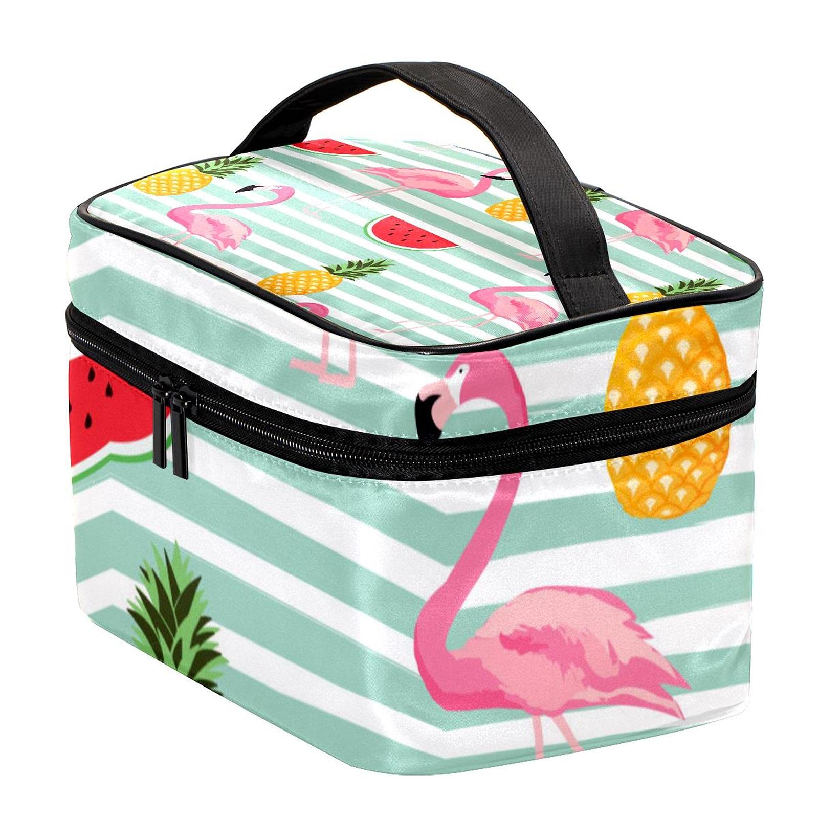 Flamingo Pineapple Watermelon Print Large Travel Makeup Bag - Waterproof Cosmetic Organizer with Zipper for Women & Girls - Perfect for Vacation, Gym, Beach Trips and Daily Use