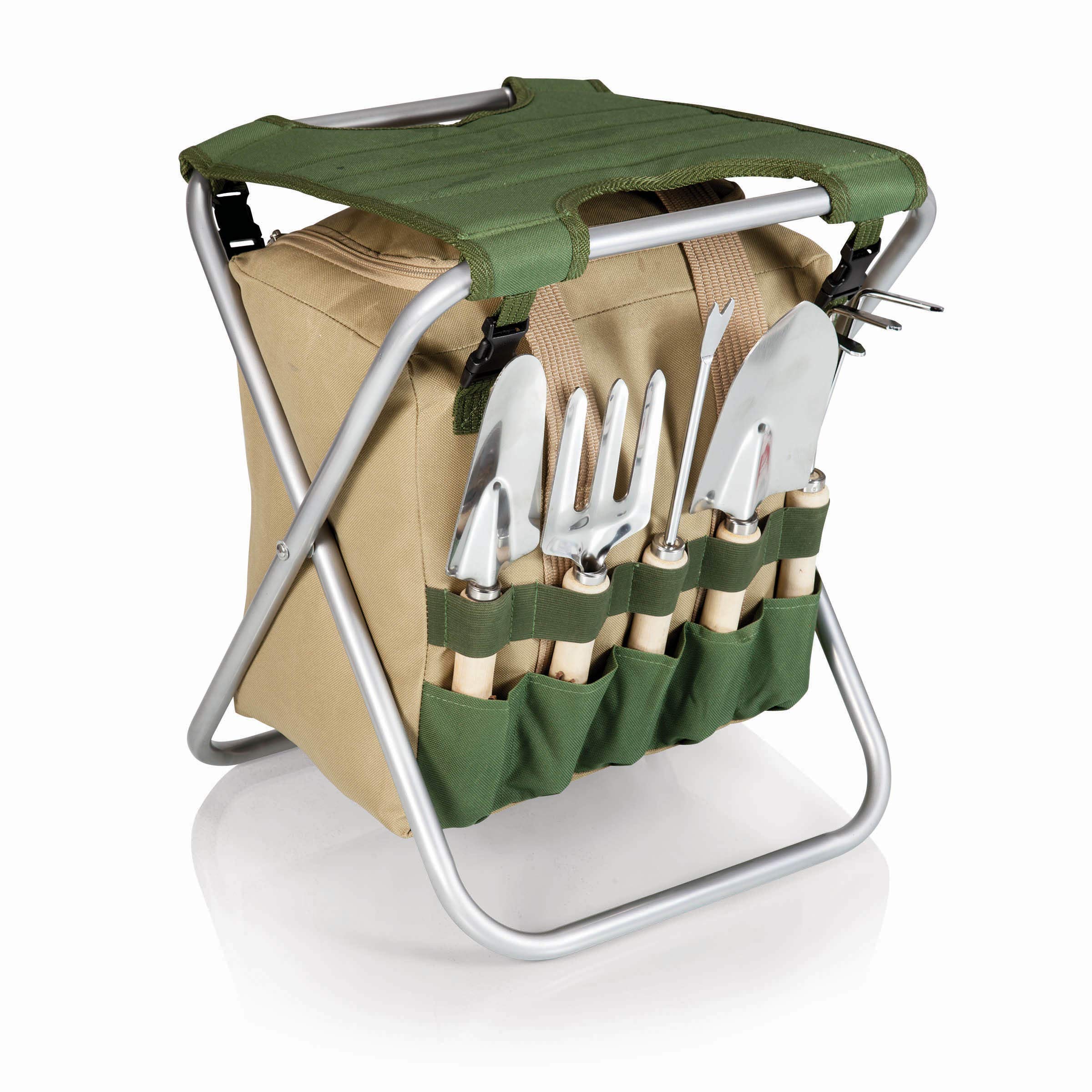 ONIVA - Picnic Time Brand Gardener Folding Seat with Tools | Portable Garden Stool with Detachable Storage Tote Bag | Garden Tools Set Organizer | Olive Green & Beige | Perfect for Outdoor Gardening, Picnics & Camping