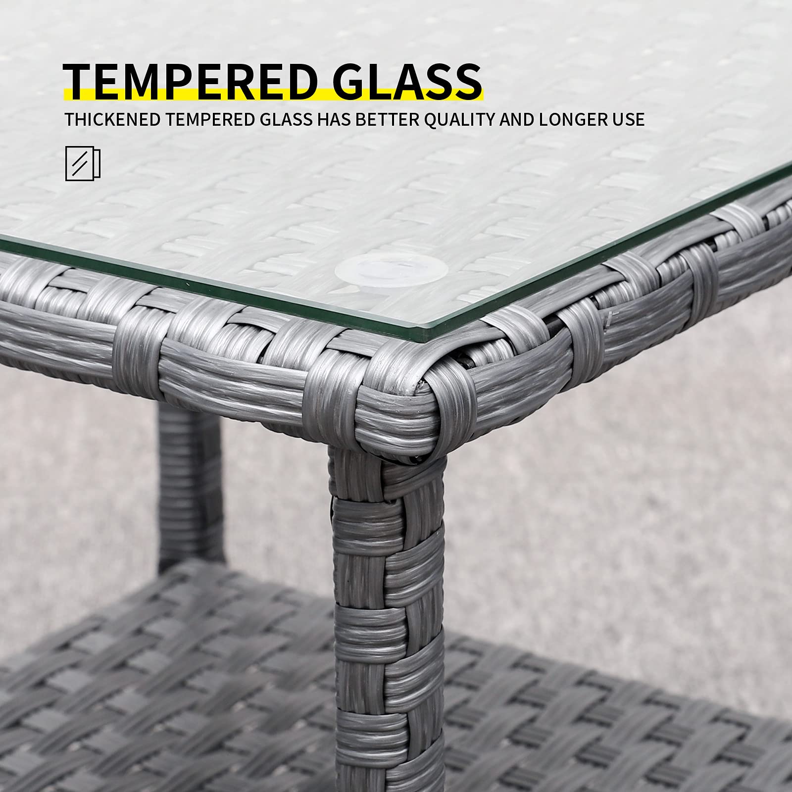 Valita PE Wicker Side Table - Outdoor Resin Rattan Square End Table with Glass Top & 2 Shelves - Gray - Perfect for Patio, Garden, Poolside & Balcony Furniture Decor