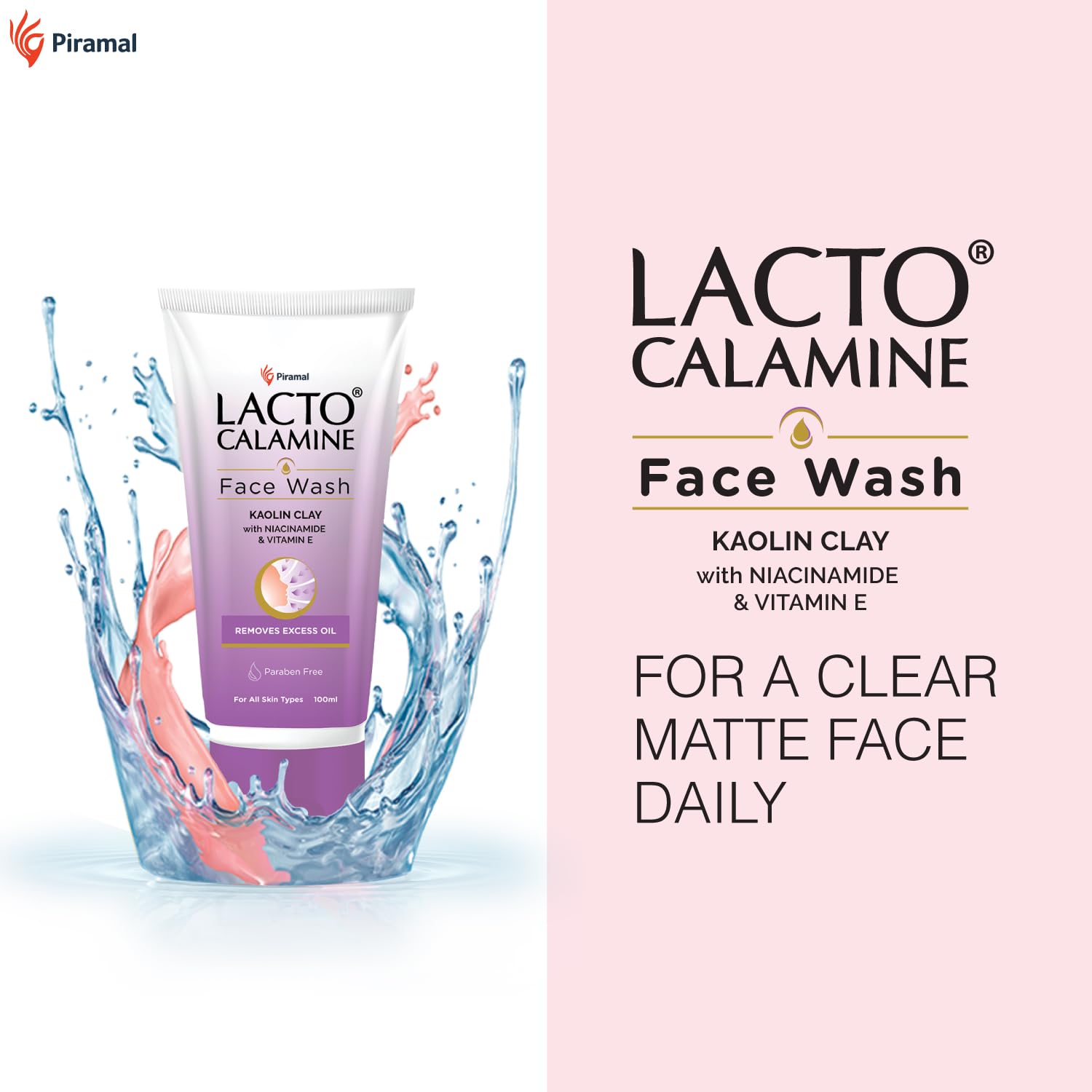 Lacto Calamine Face Wash for Oily Skin - 100ml with Kaolin Clay, Niacinamide & Vitamin E | Reduces Excess Oil, Controls Acne, Blackheads & Whiteheads | Gentle Cleanser for Men & Women | Perfect for Daily Skincare & Acne-Prone Skin