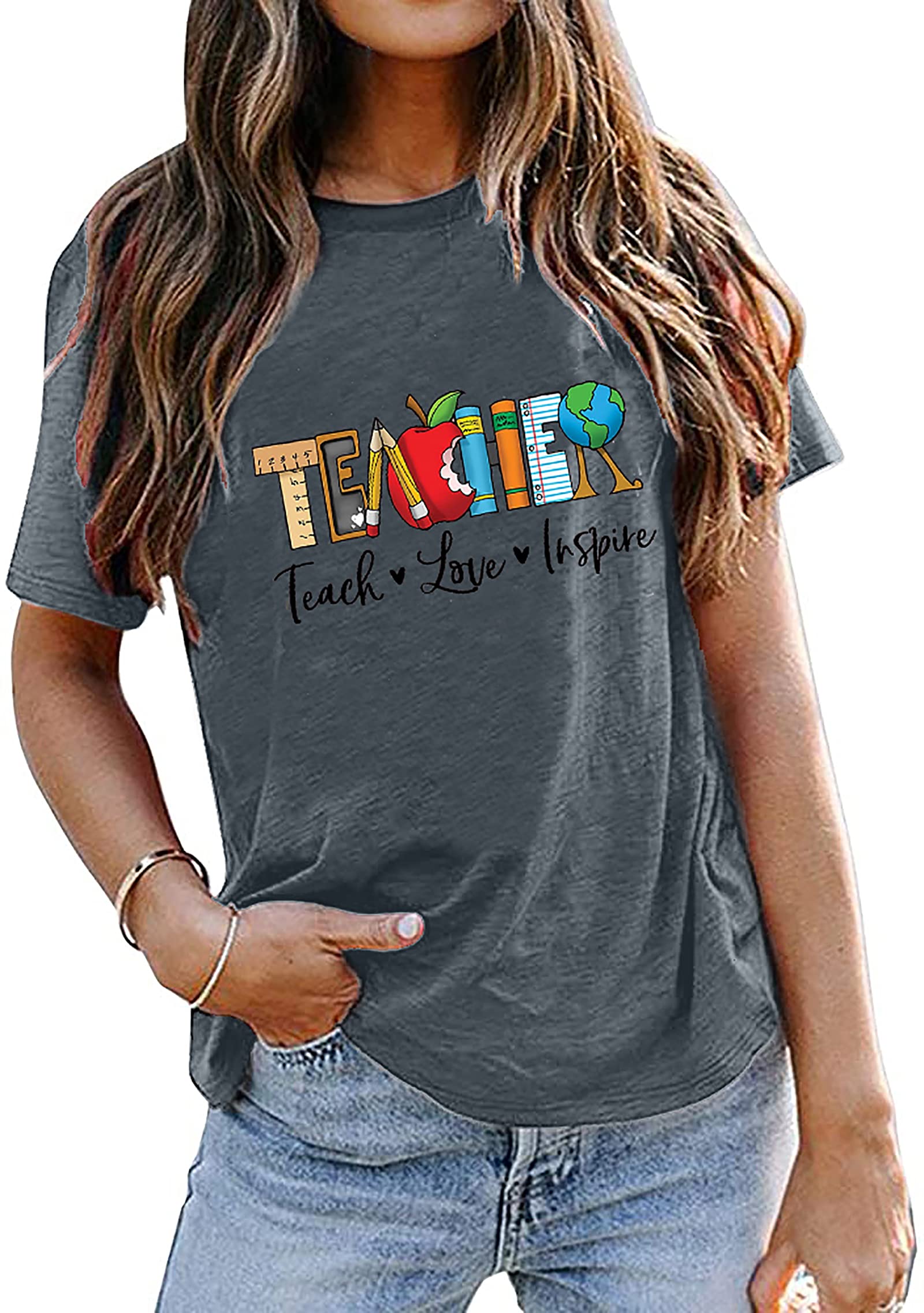Women's Teacher Shirt - Teach Love Inspire Letter Print Graphic Tee | Inspirational Teacher Tops for Educators | Perfect for Classroom, Teacher Appreciation Week & School Events