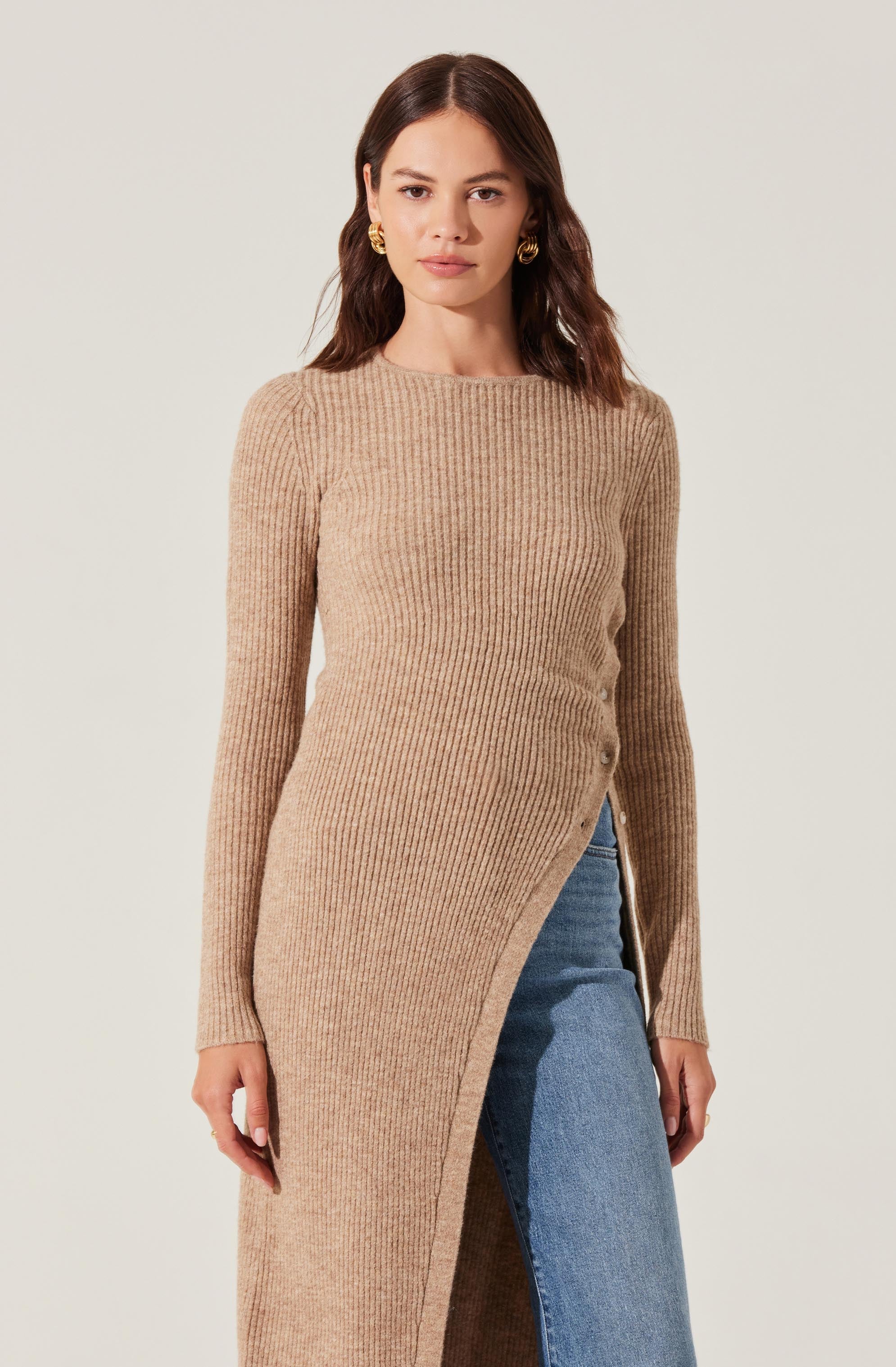 Stylish Ribbed High Slit Button Sweater for Women - Cozy Knit Pullover for Fall & Winter - Perfect for Casual Outings, Office Wear, and Date Nights