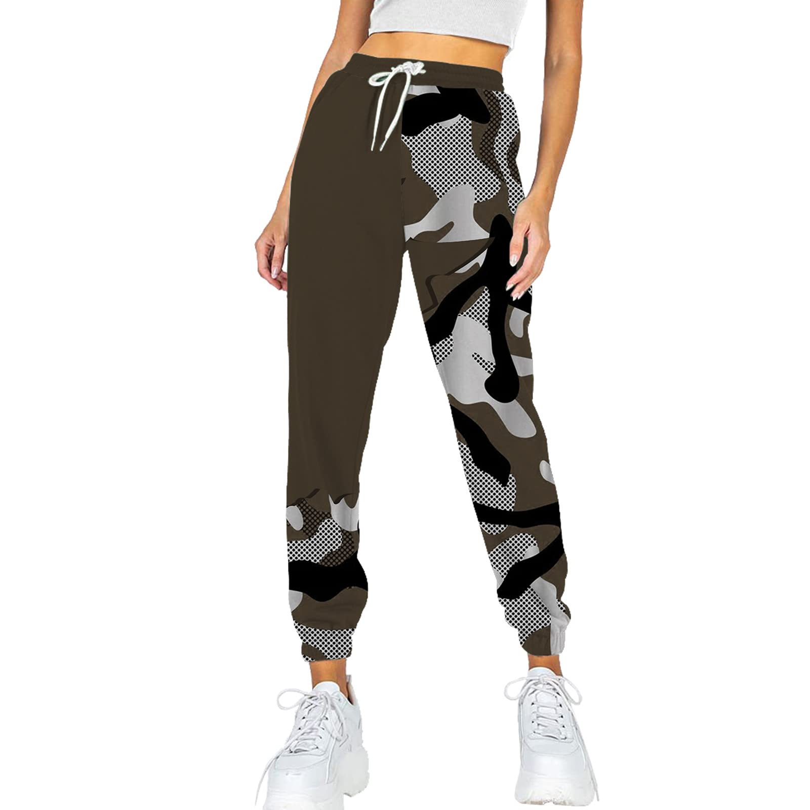 Makalon Women's White High Waisted Sweatpants with Pockets - Printed Comfy Athletic Lounge Pants for Workout, Yoga & Casual Wear