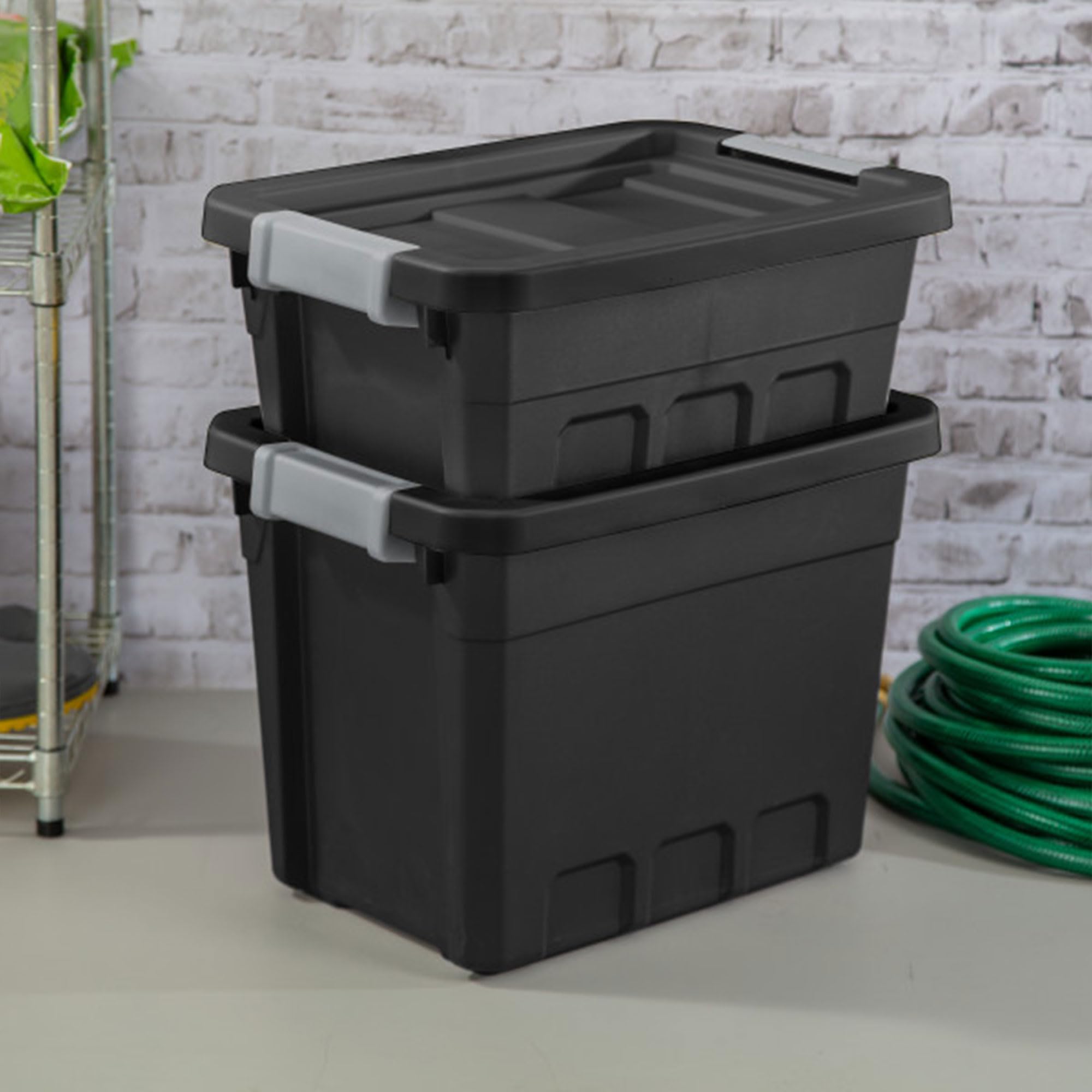 Sterilite 12-Pack 4 Gallon Black Plastic Storage Bins with Lids - Stackable Organizing Containers for Home, Office, Garage & Closet Organization