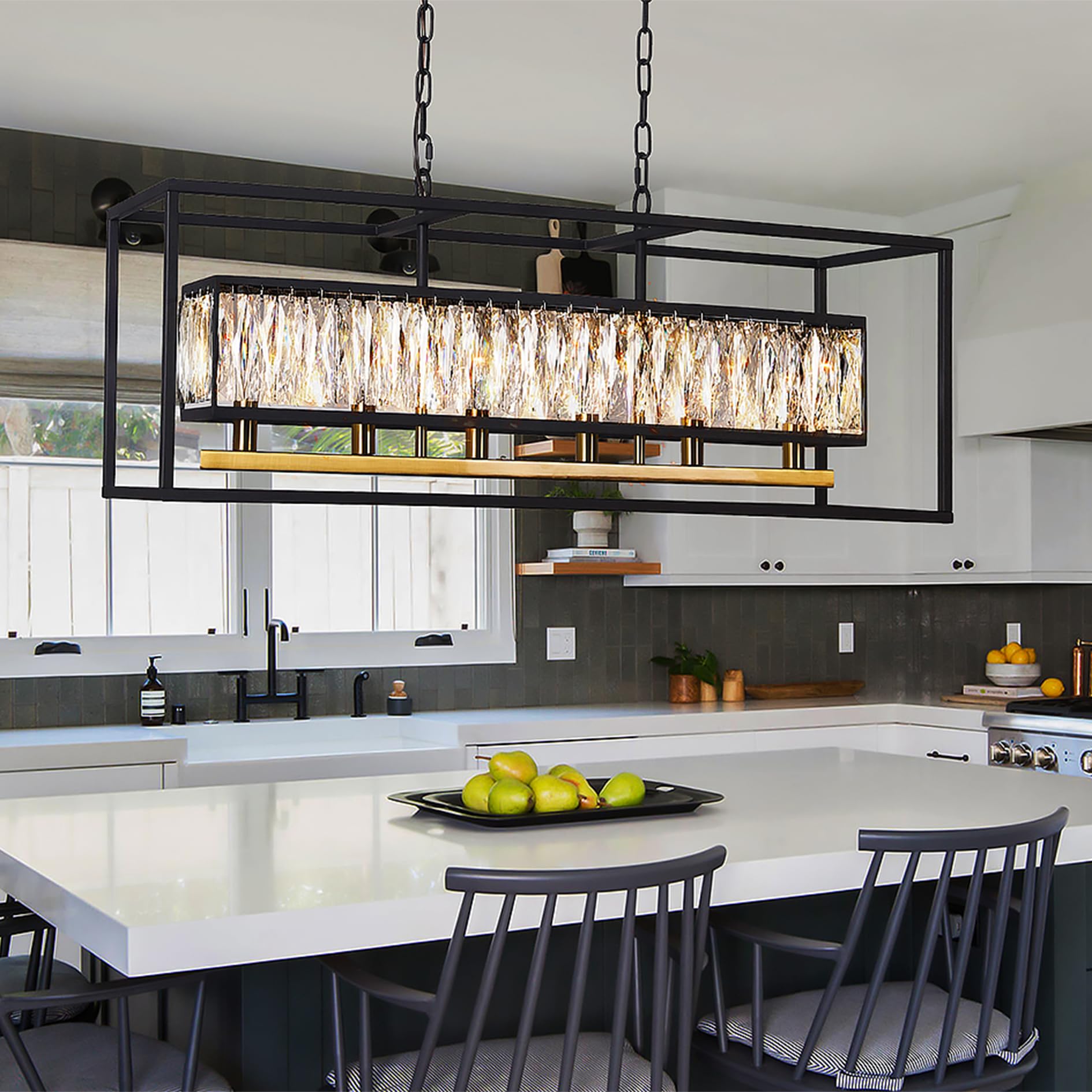 Luxury Black Gold Modern Crystal Chandelier - 6-Light Rectangular Linear Pendant Light Fixture for Dining Room, Living Room, Kitchen Island - Elegant Lighting for Home Decor & Interior Design