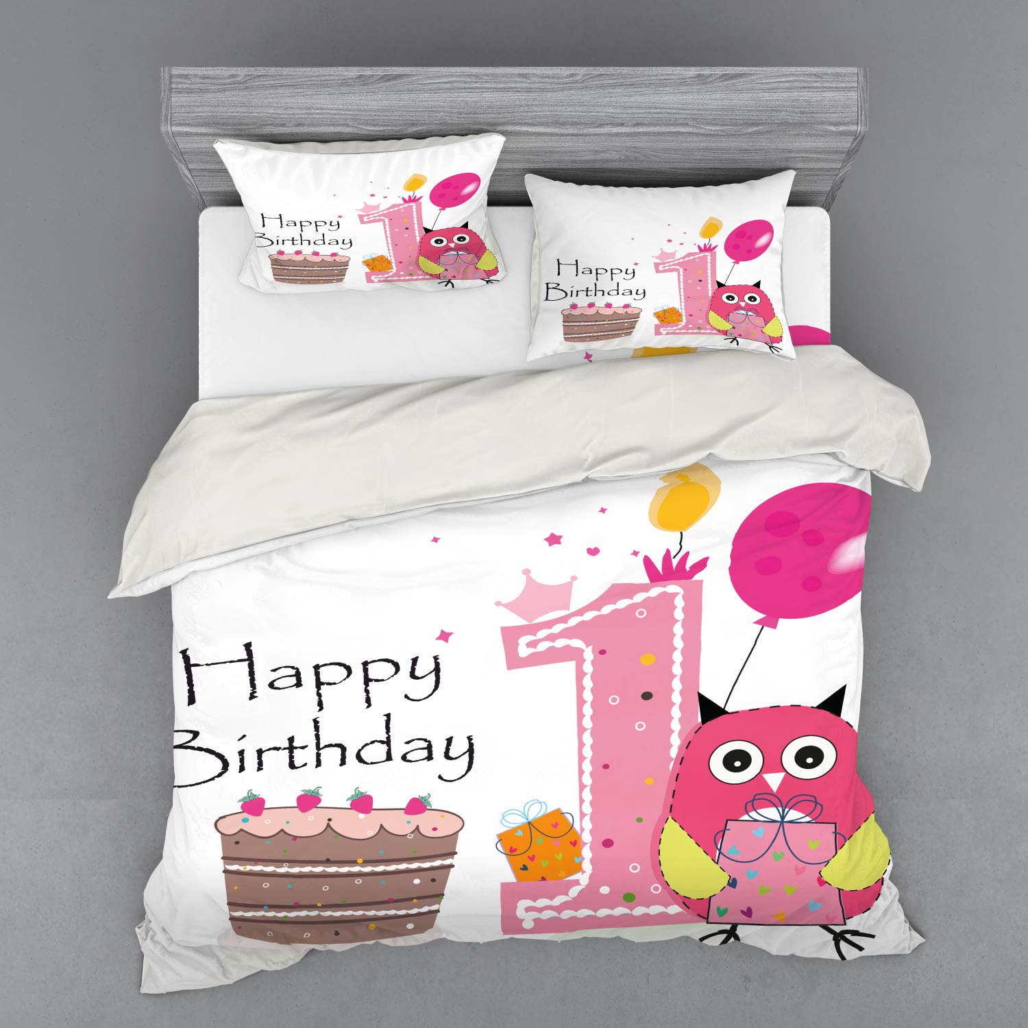 Ambesonne 1st Birthday Duvet Cover Set - Cartoon Owl Design with Cake & Candle - 4 Piece King Size Bedding Set (Shams + Fitted Sheet) in Brown, Hot Pink & Pink - Perfect for Baby's First Birthday Party Decor & Nursery Room