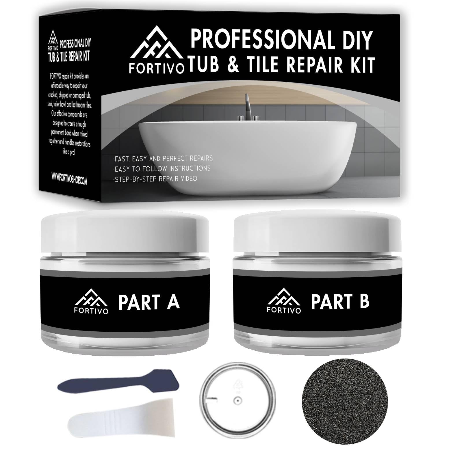 White Porcelain Repair Kit for Fiberglass Tub, Sink, Shower, Countertop & Tile - Fix Cracked Porcelain & Acrylic Surfaces | DIY Home Bathroom & Kitchen Repair Solution