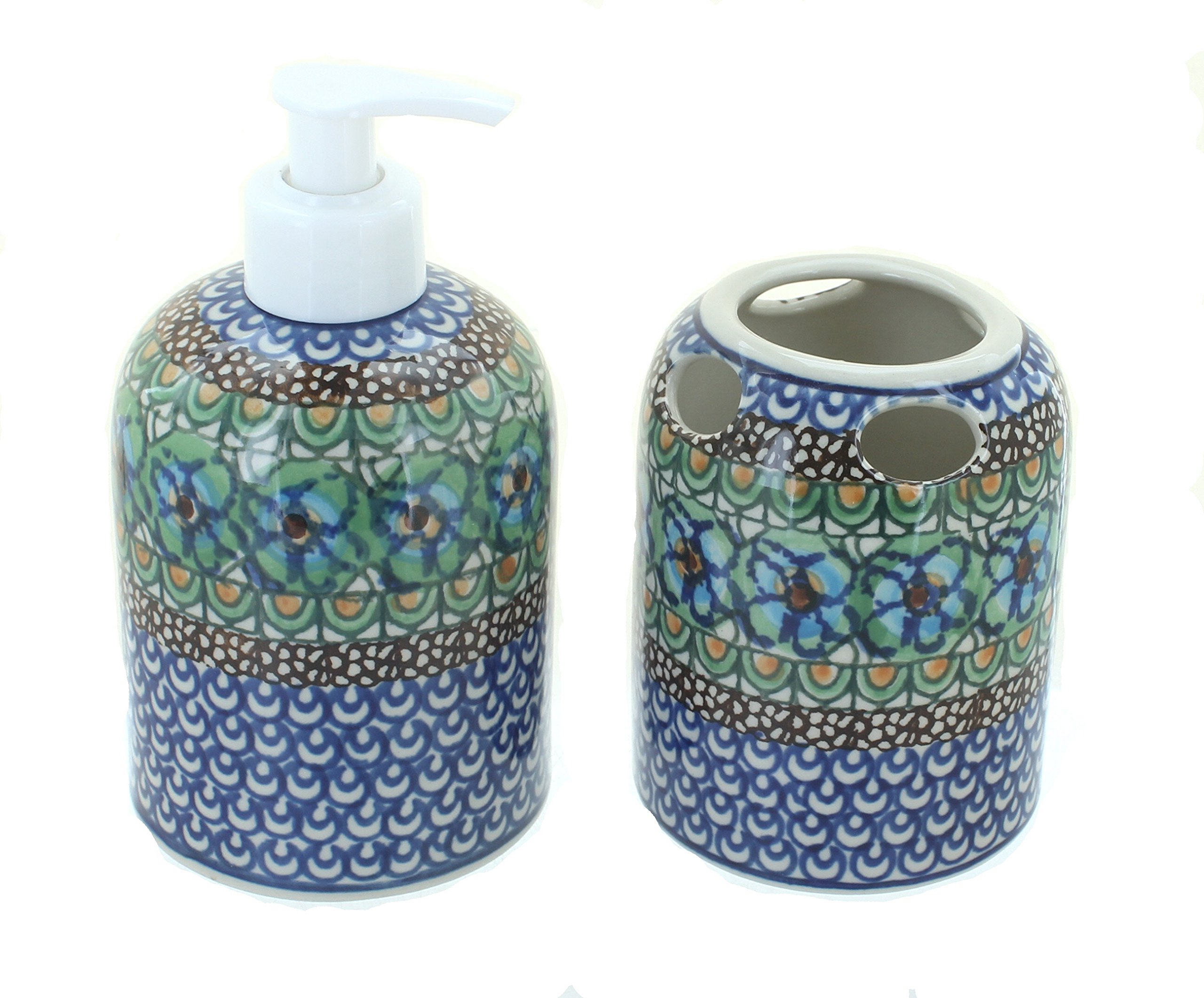 Handmade Blue Rose Polish Pottery Mardi Gras Soap Dispenser & Toothbrush Holder - Bathroom Decor, Kitchen Sink Organizer, Unique Gift for Home