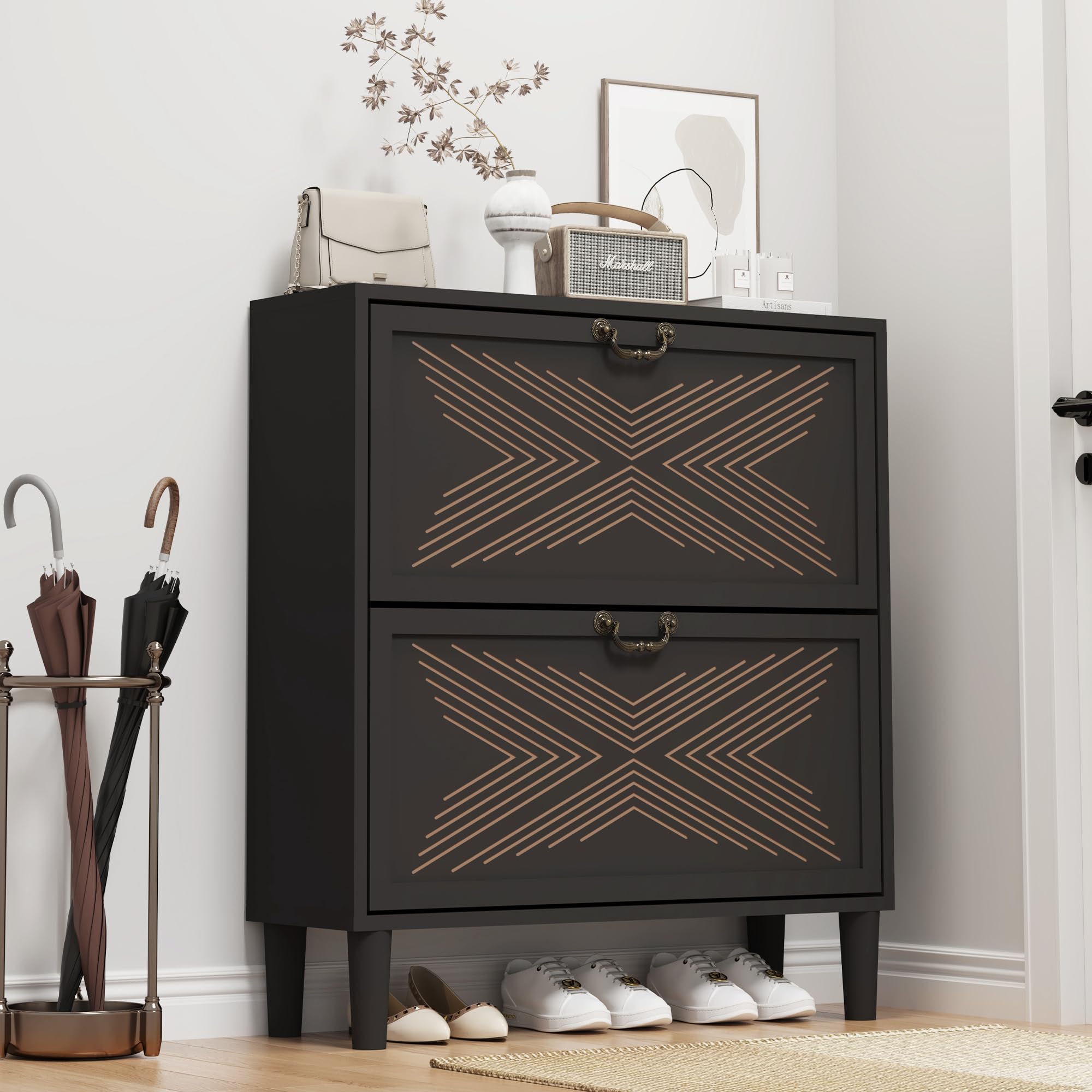 2-Drawer Shoe Cabinet with Flip Doors - Narrow Freestanding Shoe Storage Organizer for Entryway, Hallway & Closet - Carved Fluted Design (Black) - Perfect for Small Spaces & Apartment Living