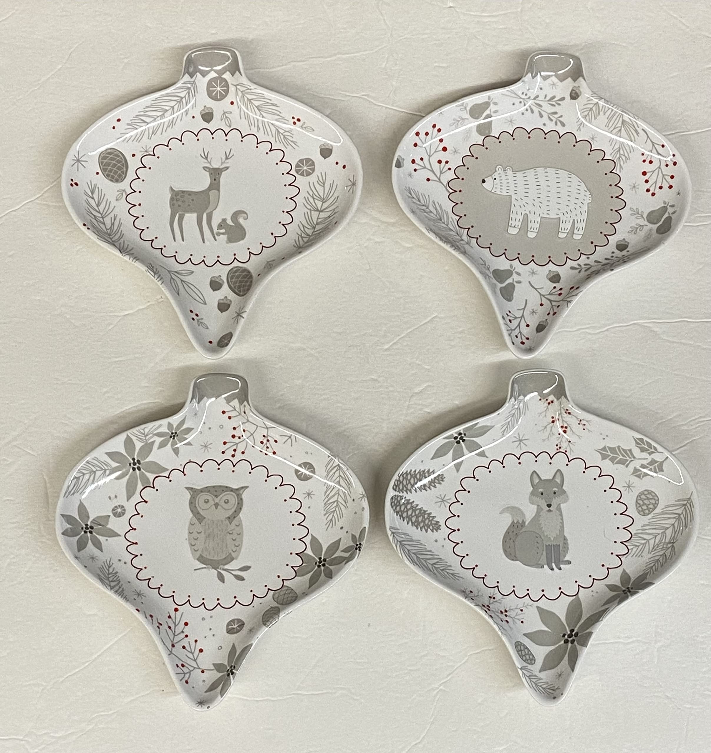 Woodland Sketch Ceramic Plates - Set of 4 Hand-Painted Ornament-Shaped Dishes for Rustic Home Decor, Holiday Tableware & Gift Giving