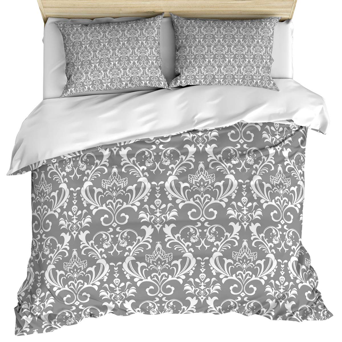 Vintage Floral Duvet Cover Set - 3 Piece Twin Size, Ultra Soft Breathable Washed Cotton Bedding with Corner Ties & Zipper Closure (1 Duvet Cover + 2 Pillow Shams) - Grey Boho Chic Style for Cozy Bedroom Decor