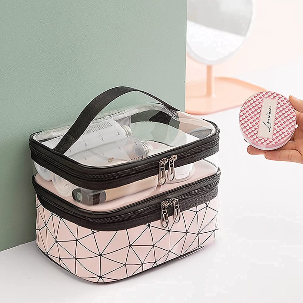 Zollyss Double Layer Waterproof Makeup Bag for Women - Travel Cosmetic Organizer Pouch, Toiletry Case for Girls (Pink) - Perfect for Travel, Gym, and Daily Beauty Storage
