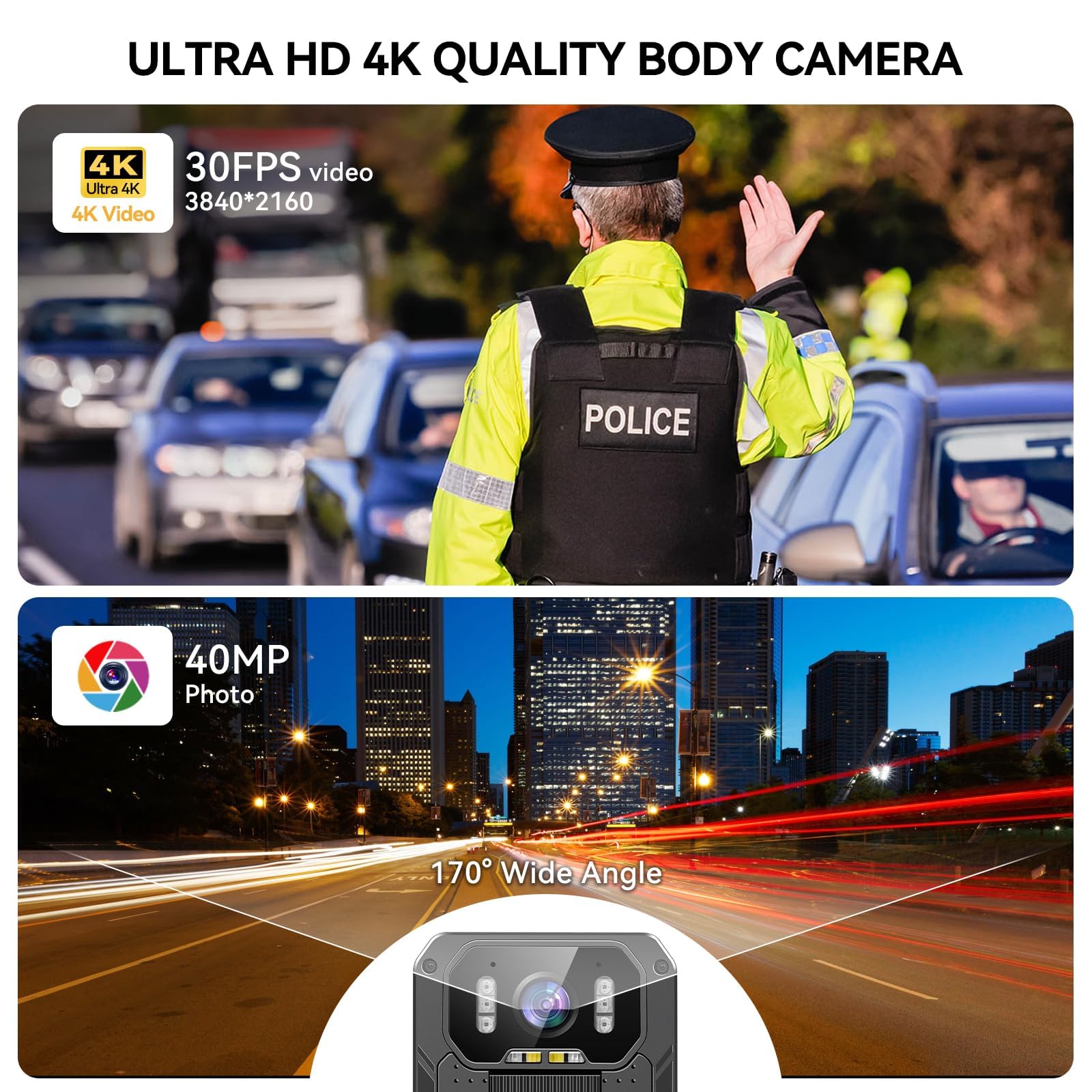 SYDYAM 4K 64GB Body Camera with Audio Recording - Waterproof IP68 Police Body Cam, 13-15 Hours Battery Life with 2x 2350mAh Batteries, H.265 Video Codec - Ideal for Law Enforcement, Security Patrol, Hiking & Outdoor Adventures
