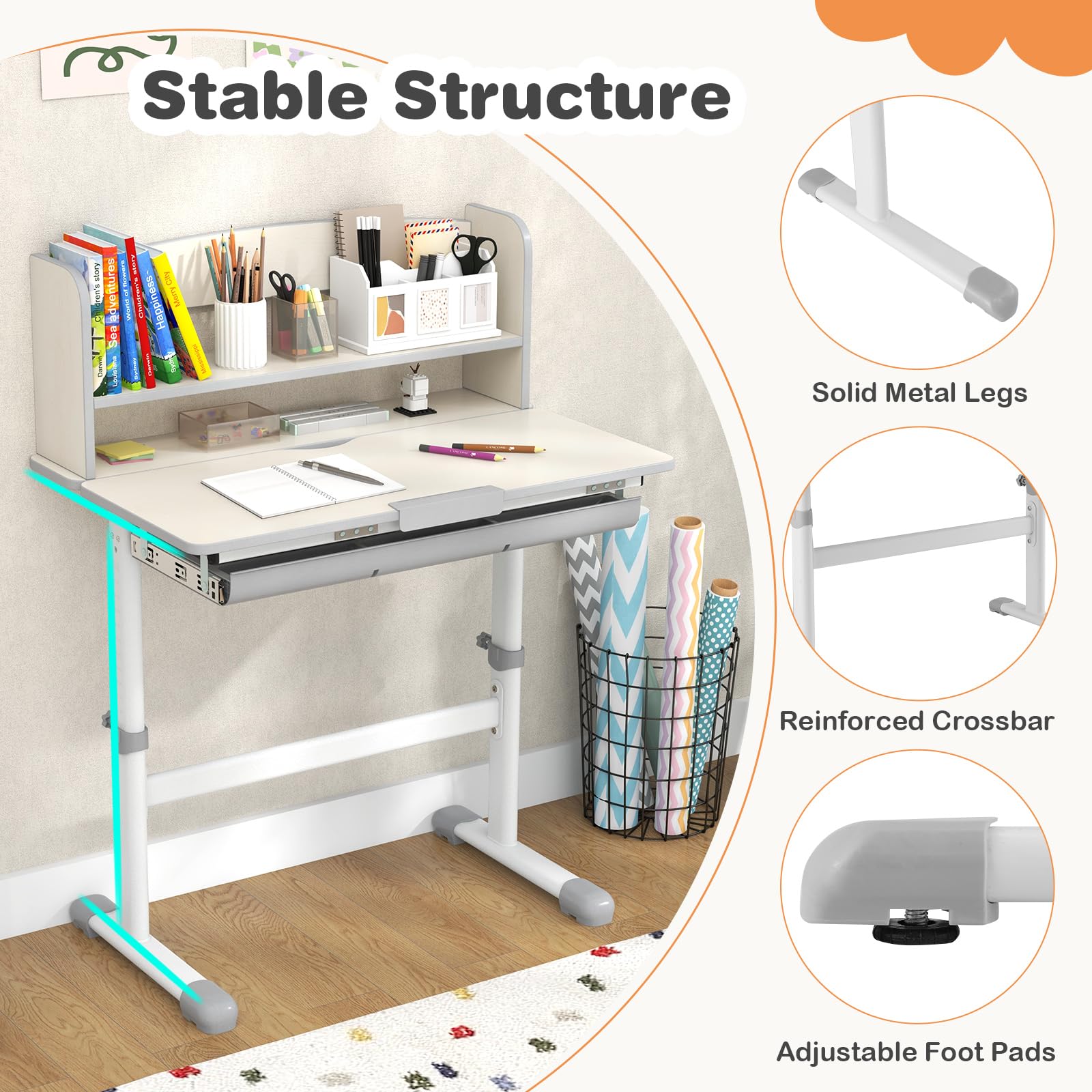 Costzon Adjustable Height Kids Desk with Tiltable Desktop, Storage Drawer & Hutch - Ergonomic Study Desk with Scale Ruler for Boys & Girls - Perfect for Homework, Drawing & Bedroom Organization (Grey)