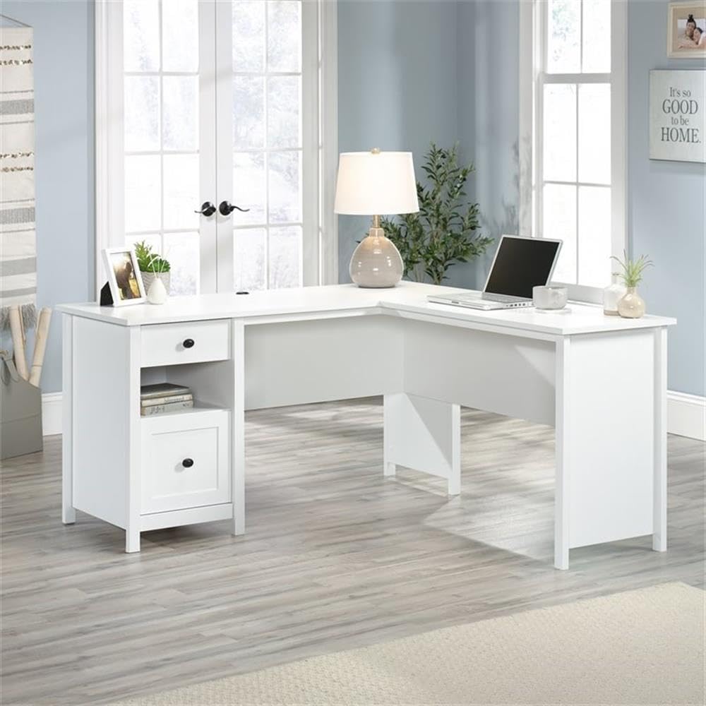 Pemberly Row L-Shaped Coastal Computer Desk - Engineered Wood, Soft White Finish - Perfect for Home Office, Gaming & Small Space Workstations