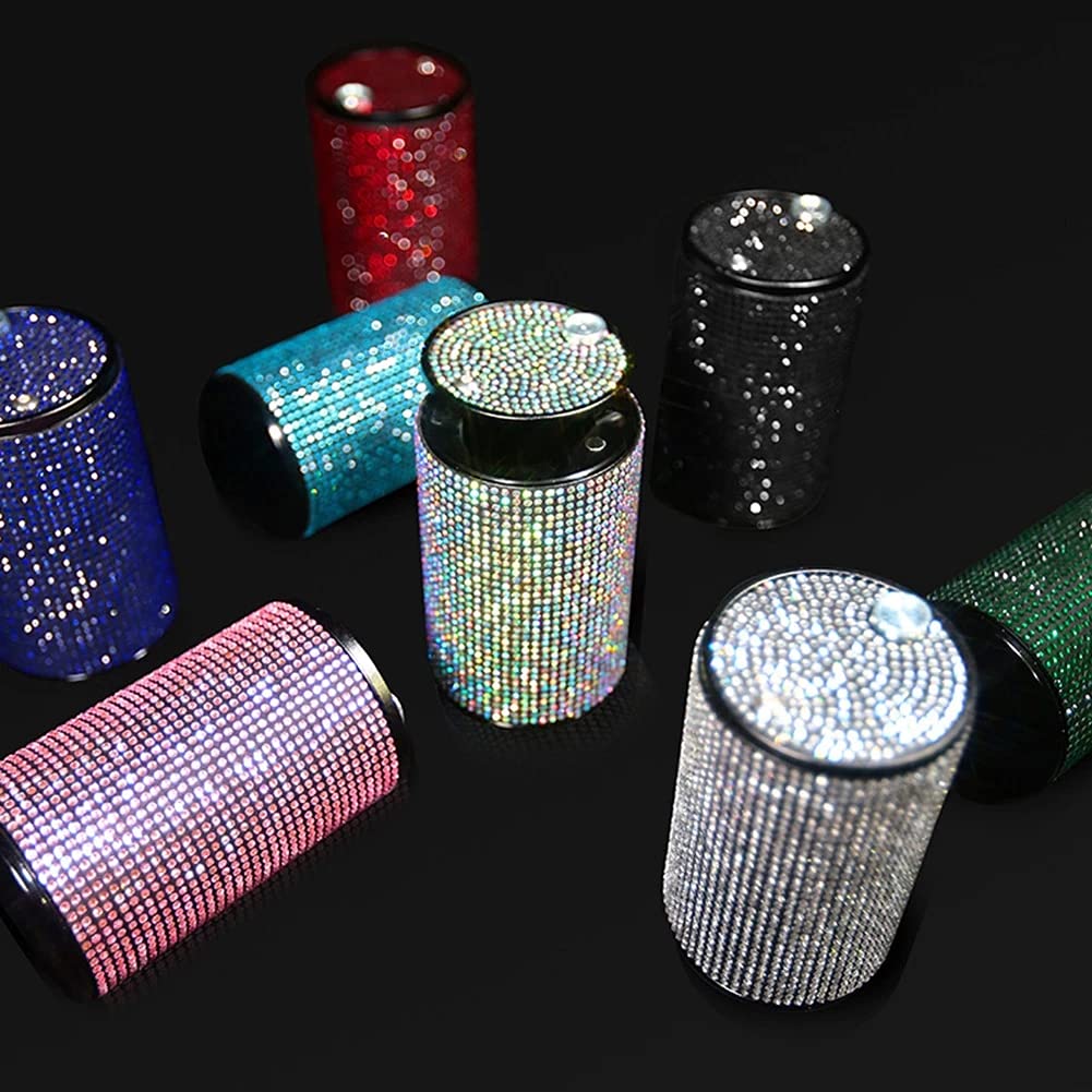 Portable Smell Proof Crystal Diamond Ashtray with Lid - Mini Car Trash Can for Women, Ideal for Car, Home, Office, and Outdoor Use (Black, A)