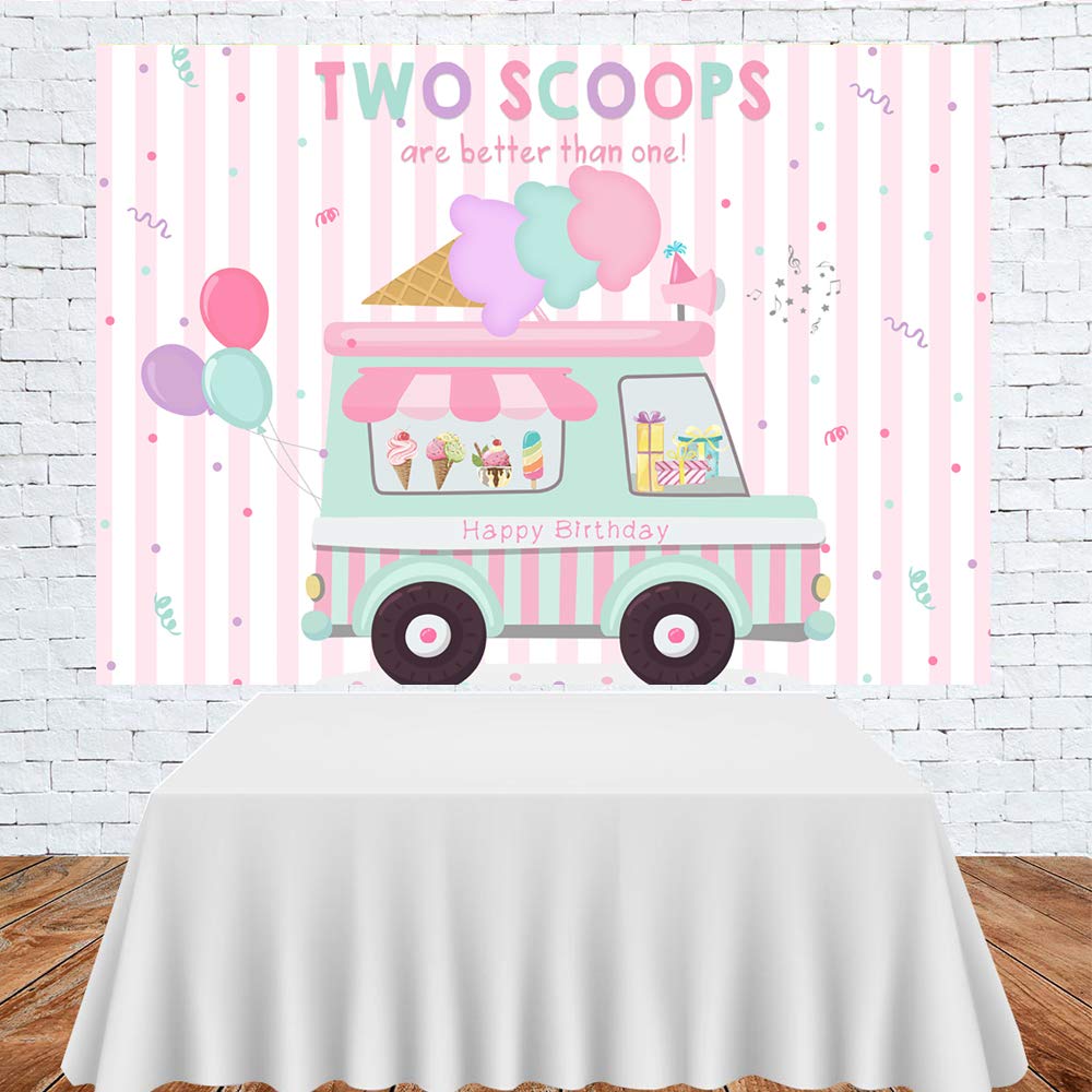 Lofaris Ice Cream Theme Party Backdrop - Pink Happy 2nd Birthday Decor for Girls, Princess Party Supplies, Two Scoops Are Better Than One Cake Table Banner (7x5ft) - Perfect for Birthday Celebrations, Baby Showers & Dessert-Themed Events