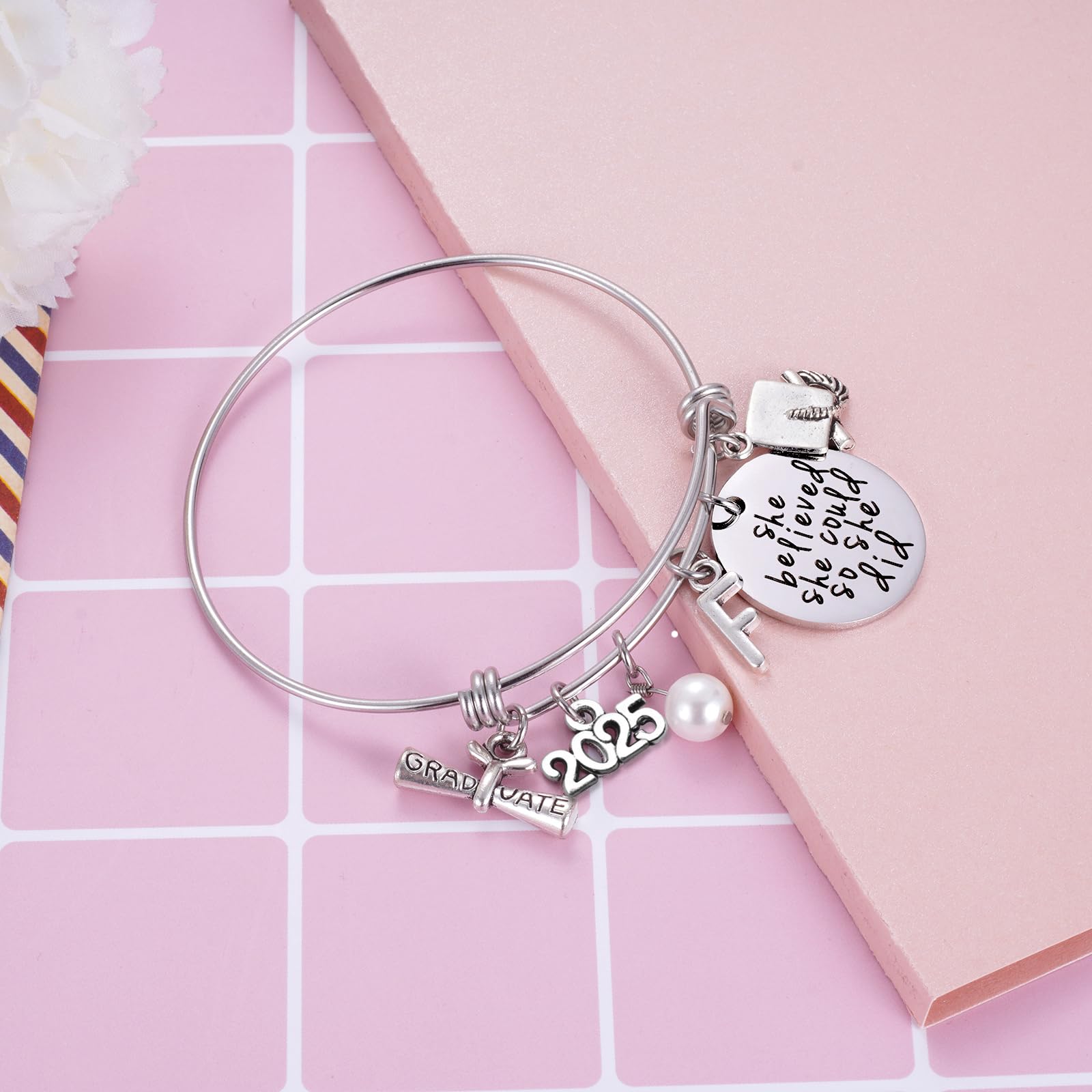 Ukodnus Class of 2025 Graduation Gift Bracelet - Personalized 26 Initial Charm Bracelet for High School & College Seniors - Inspirational Graduation Jewelry for Women - Perfect Gift for Graduation Ceremony & Senior Year Celebration