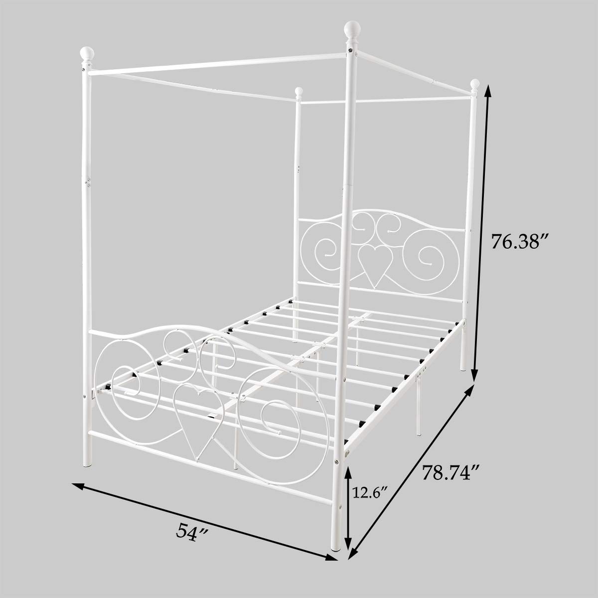 JURMERRY Full Size Canopy Bed with Sturdy Metal Frame - Premium Steel Slat Support, No Box Spring Needed, White - Perfect for Bedroom, Guest Room & Dorm Decor