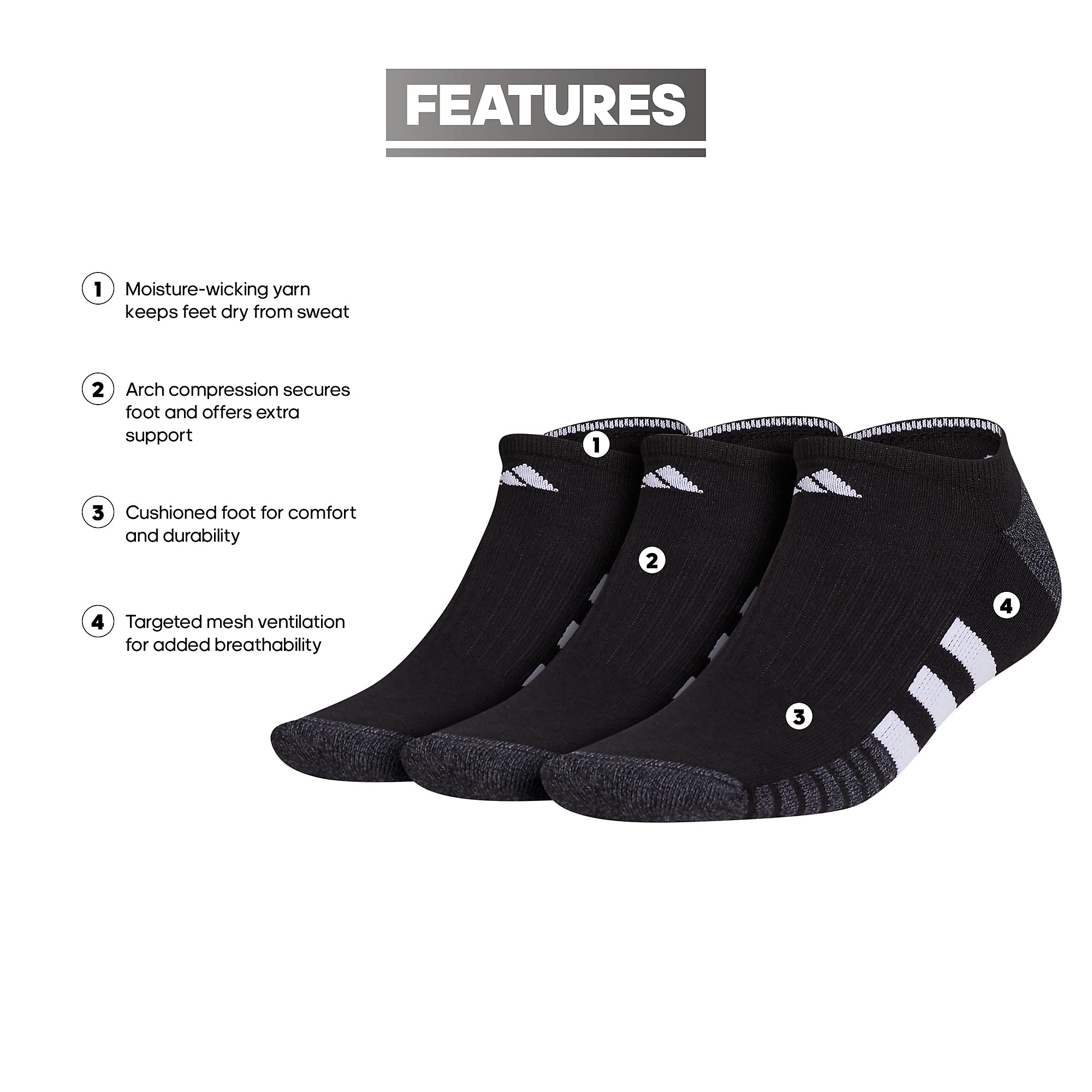 adidas Men's Cushioned No Show Socks - 3 Pairs Low Profile Arch Support Compression Athletic Socks for Running, Gym & Everyday Wear