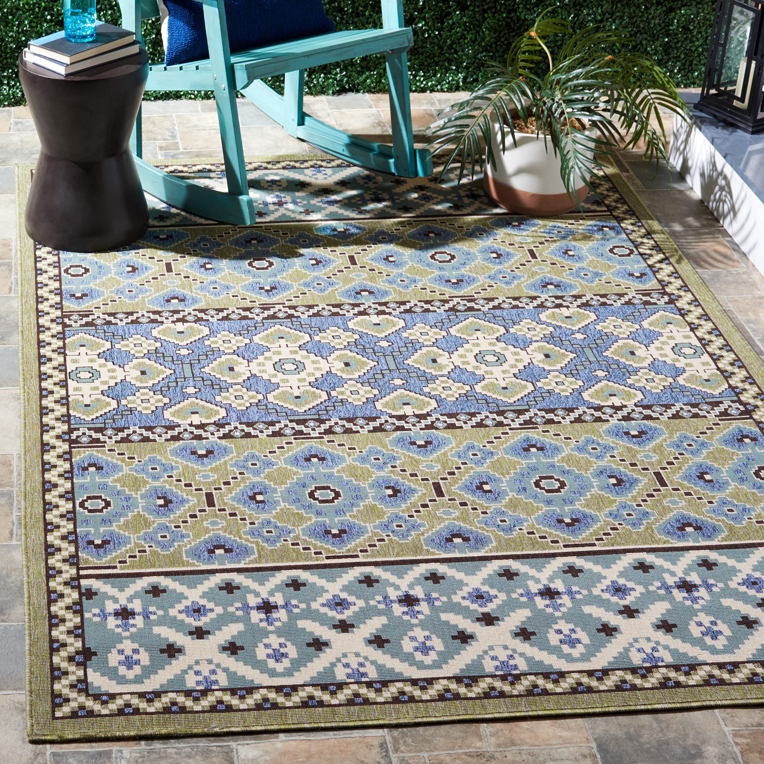 SAFAVIEH Veranda Collection 8' x 11' Green & Blue Boho Area Rug - Non-Shedding, Easy Care, Washable Indoor Outdoor Rug for Living Room, Bedroom, Patio, Backyard, Mudroom (VER093-0642)