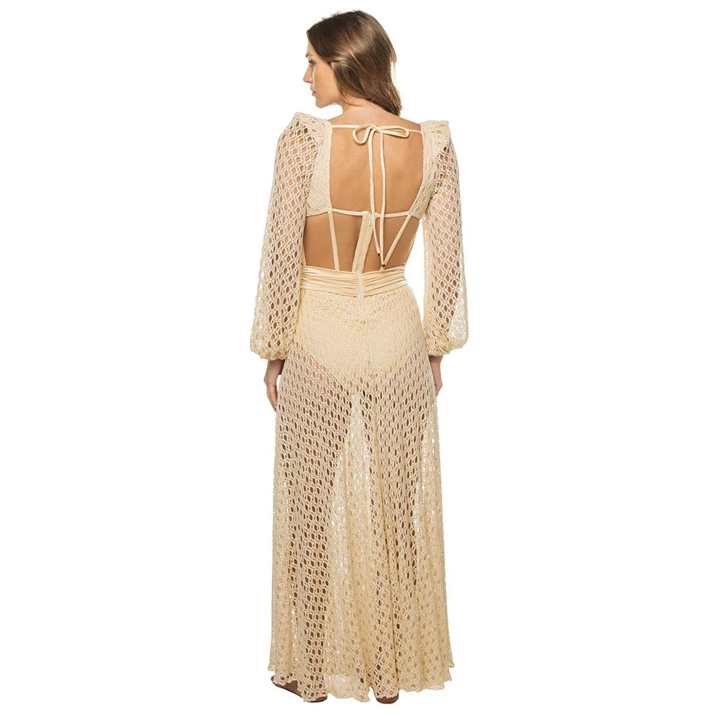 2023 New Retro Hollowed Out Backless Sexy Swimsuit - Long Sleeve Knitted Beach Dress for Women, Luxury Solid Color Swimwear, Perfect for Pool Party, Beach Vacation & Summer Fashion