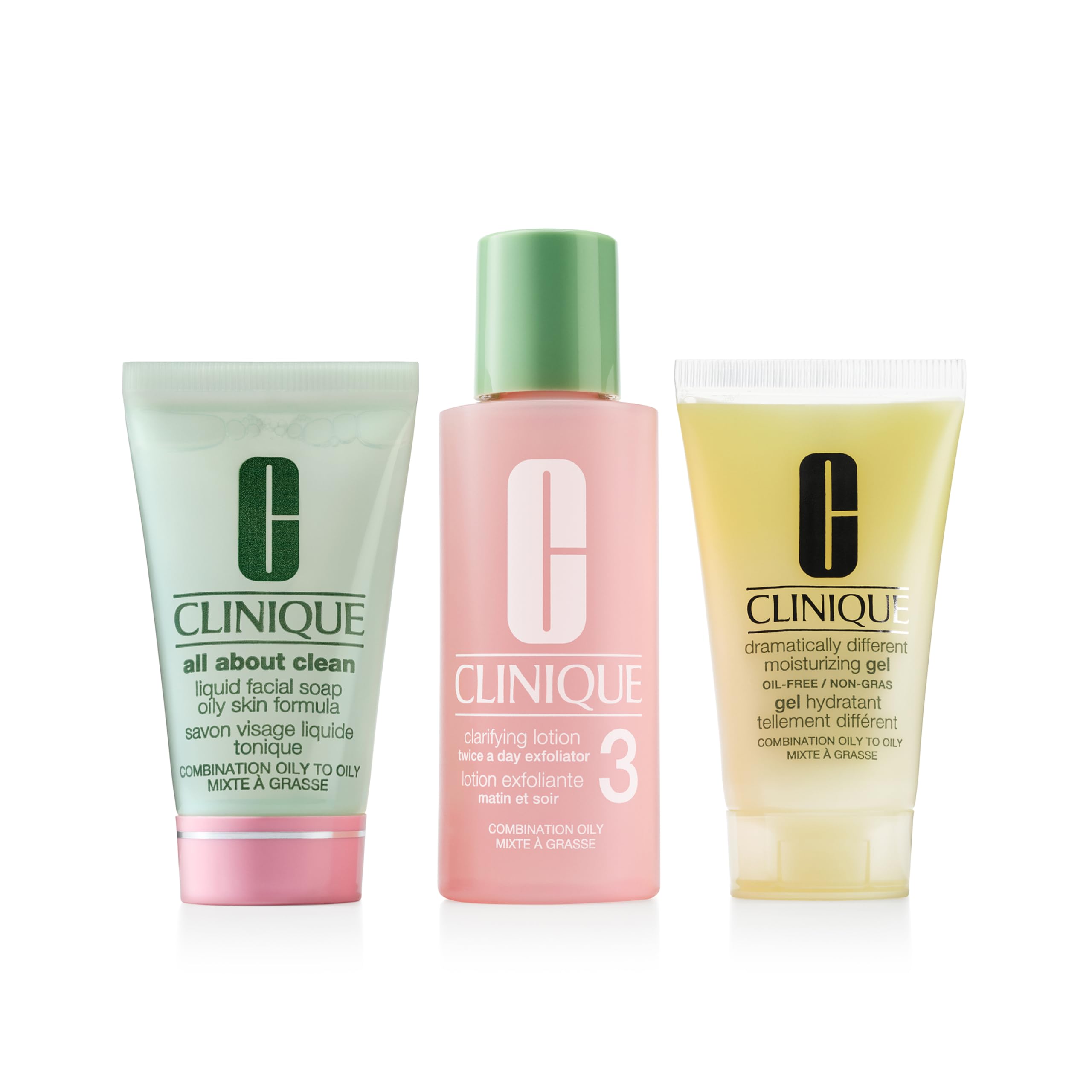 Clinique 3-Step Skincare Set for Oily & Combination Skin | Travel Size Face Wash, Clarifying Toner & Hydrating Gel | Cleanser, Exfoliator & Moisturizer | Perfect for Travel, Gym & Daily Skincare Routine