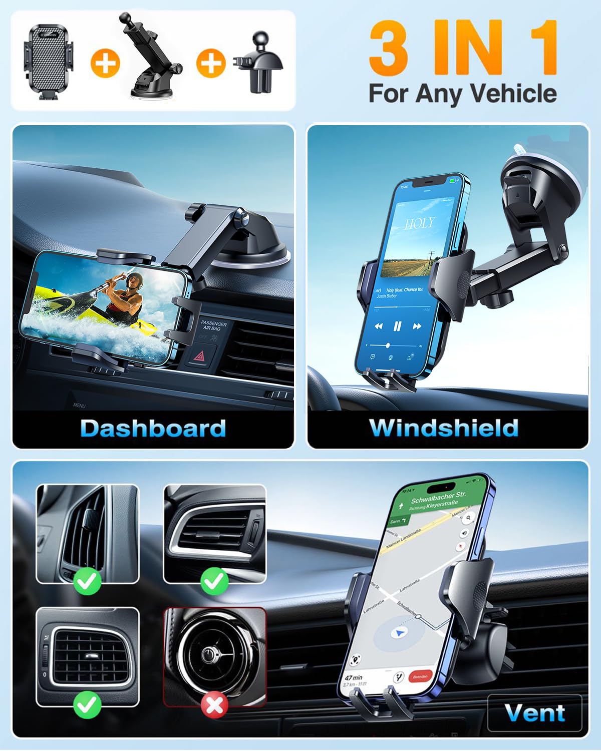 VANMASS Universal Car Phone Holder - Military-Grade Windshield & Dashboard Mount for iPhone, Samsung & Android Phones (65 lbs Strong Suction, Patent Certified) - Perfect for GPS Navigation, Hands-Free Calling & Road Trips