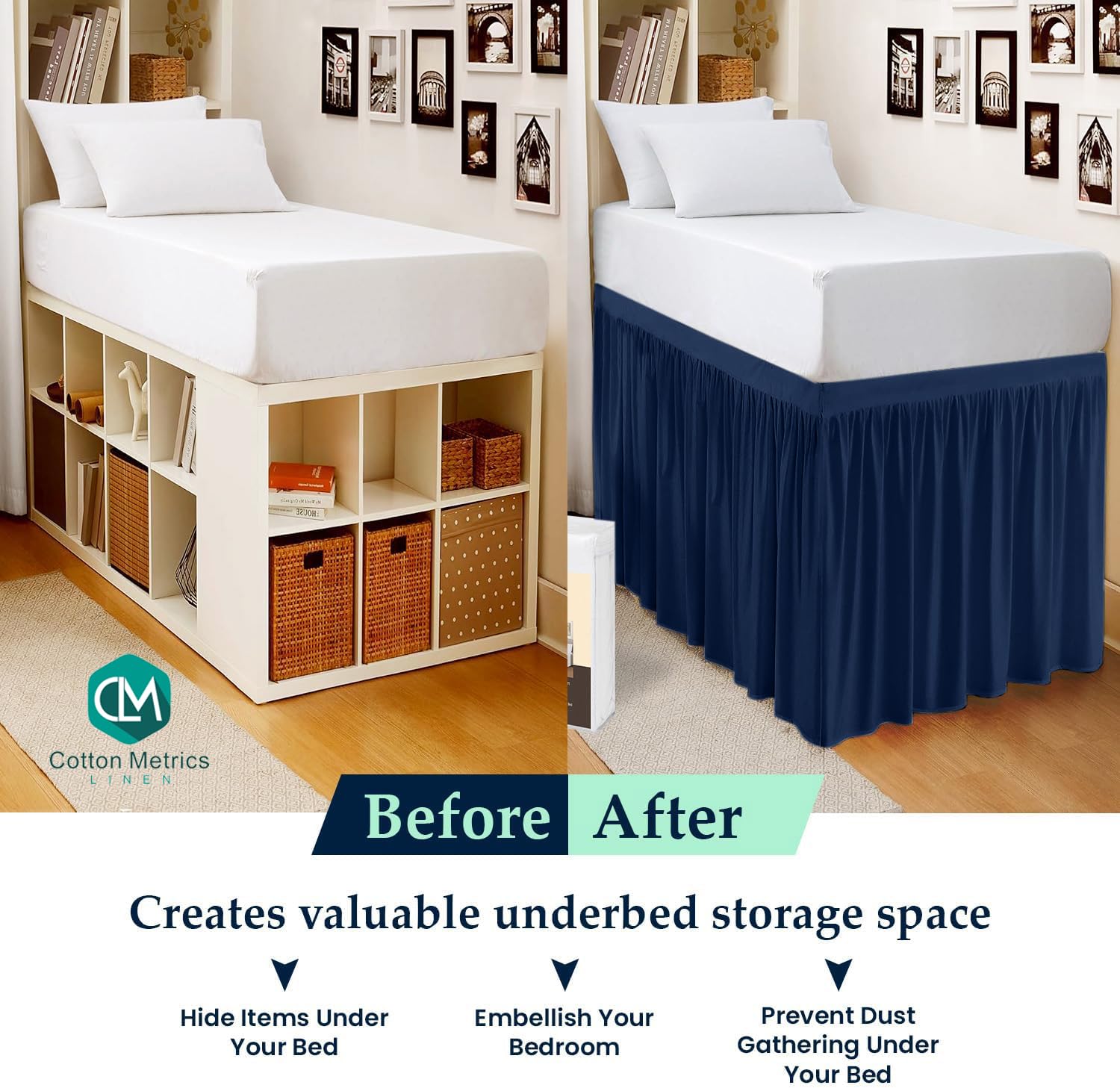 Twin XL Dorm Room Bed Skirt - Navy Blue Ruffled 100% Cotton Blend Fabric with 46