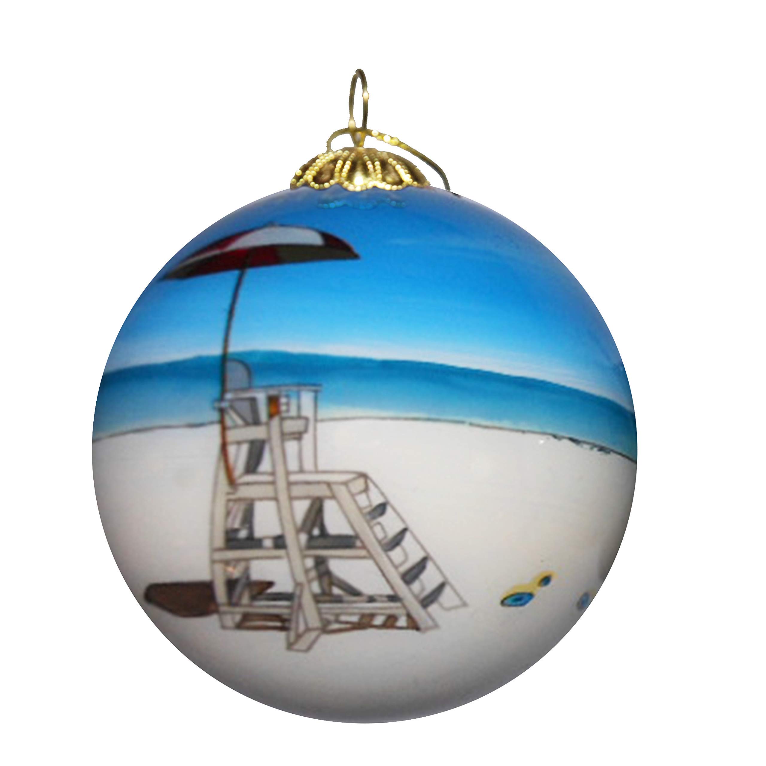 Hand-Painted Blown Glass Christmas Ornament - Beach Chairs & Lifeguard Stand Sanibel Design | Original Holiday Artwork with Gift Box | Perfect for Beach-Themed Christmas Trees & Coastal Home Decor