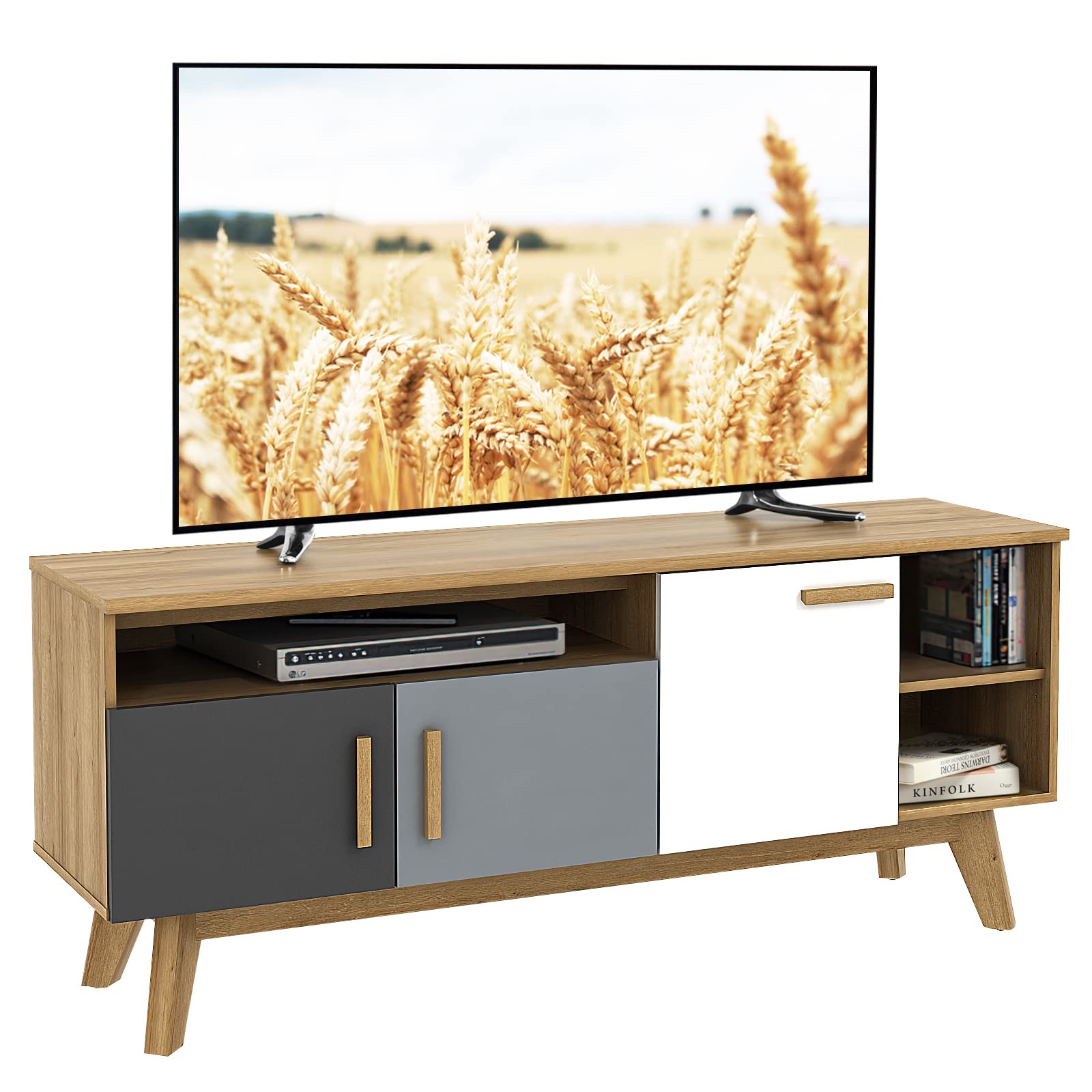 POWERSTONE 65 Inch TV Stand with Storage - Mid Century Modern Entertainment Center with Cabinet Doors & Adjustable Shelves - Perfect for Living Room Home Theater Setup