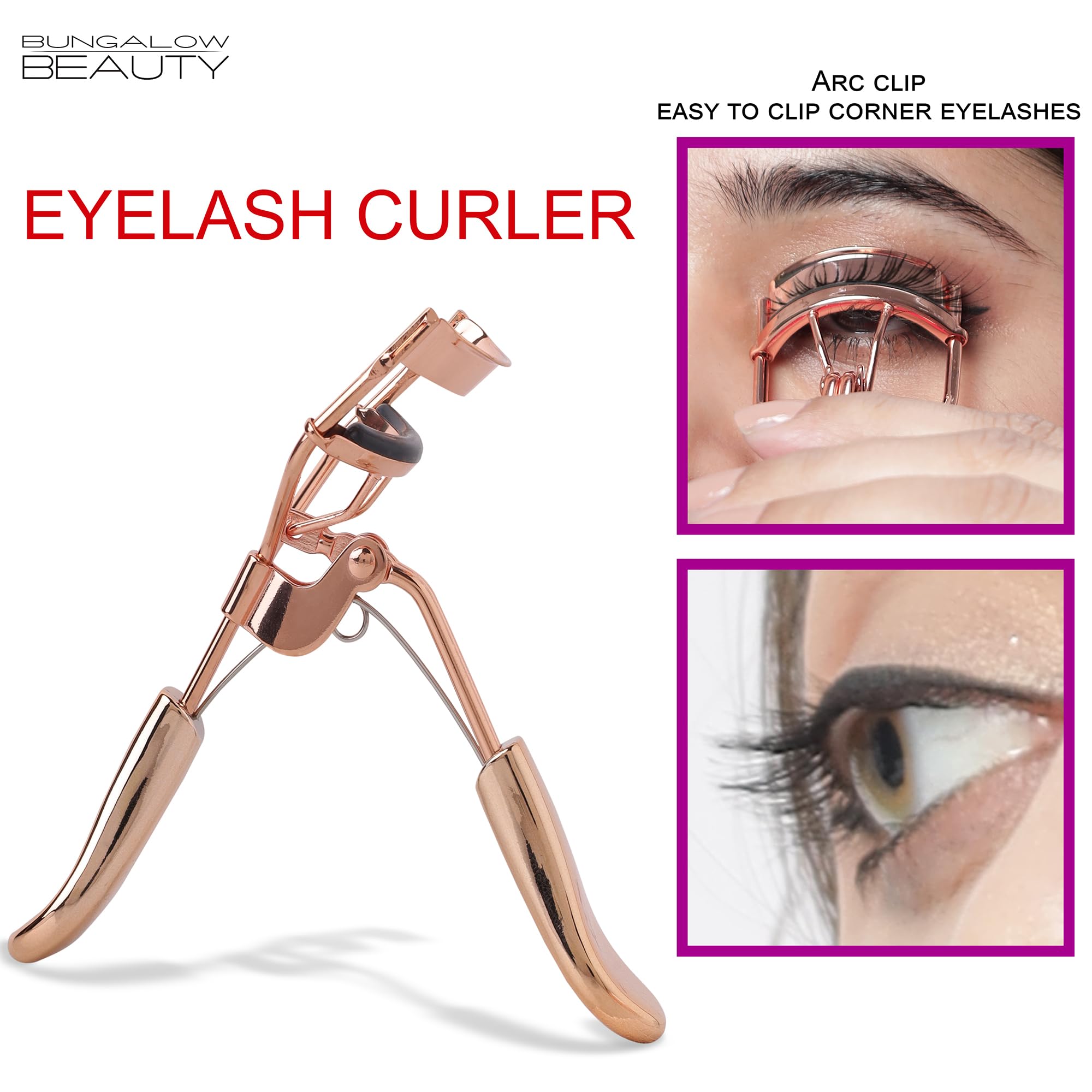 BUNGALOW BEAUTY Professional Eyelash Curler for Women - Lead Free, Cadmium Free, Phthalates Free, Safe & Easy to Use | Perfect for Daily Makeup, Salon Use, and Travel | California Prop 65 Compliant