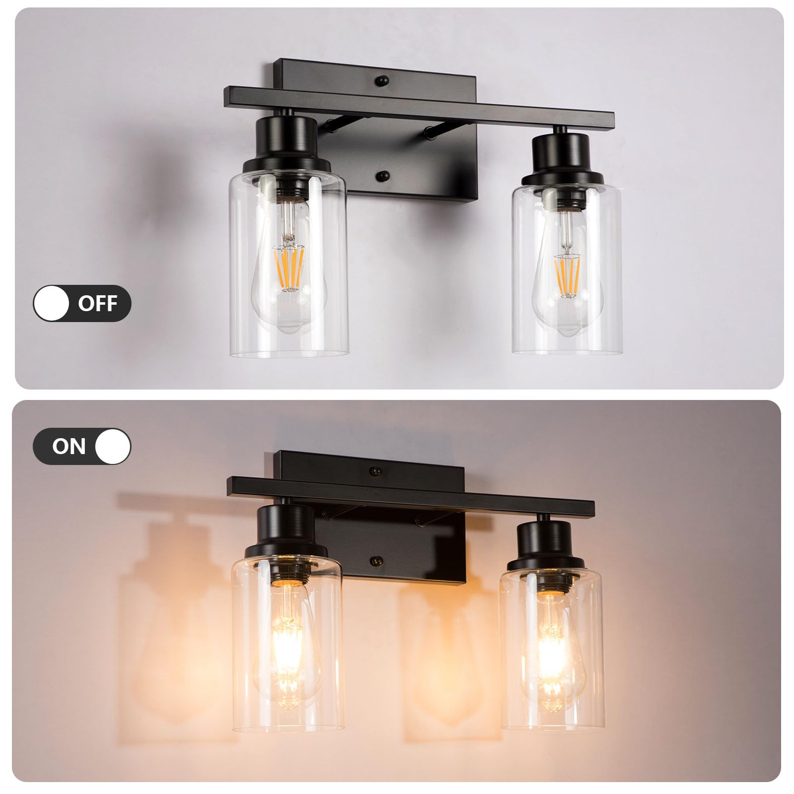 2-Light Black Bathroom Vanity Light Fixture with Clear Glass Shade - Modern Wall Sconce for Bathroom, Bedroom & Living Room - Perfect Over Mirror Lighting for Washroom, Dressing Area and Home Decor
