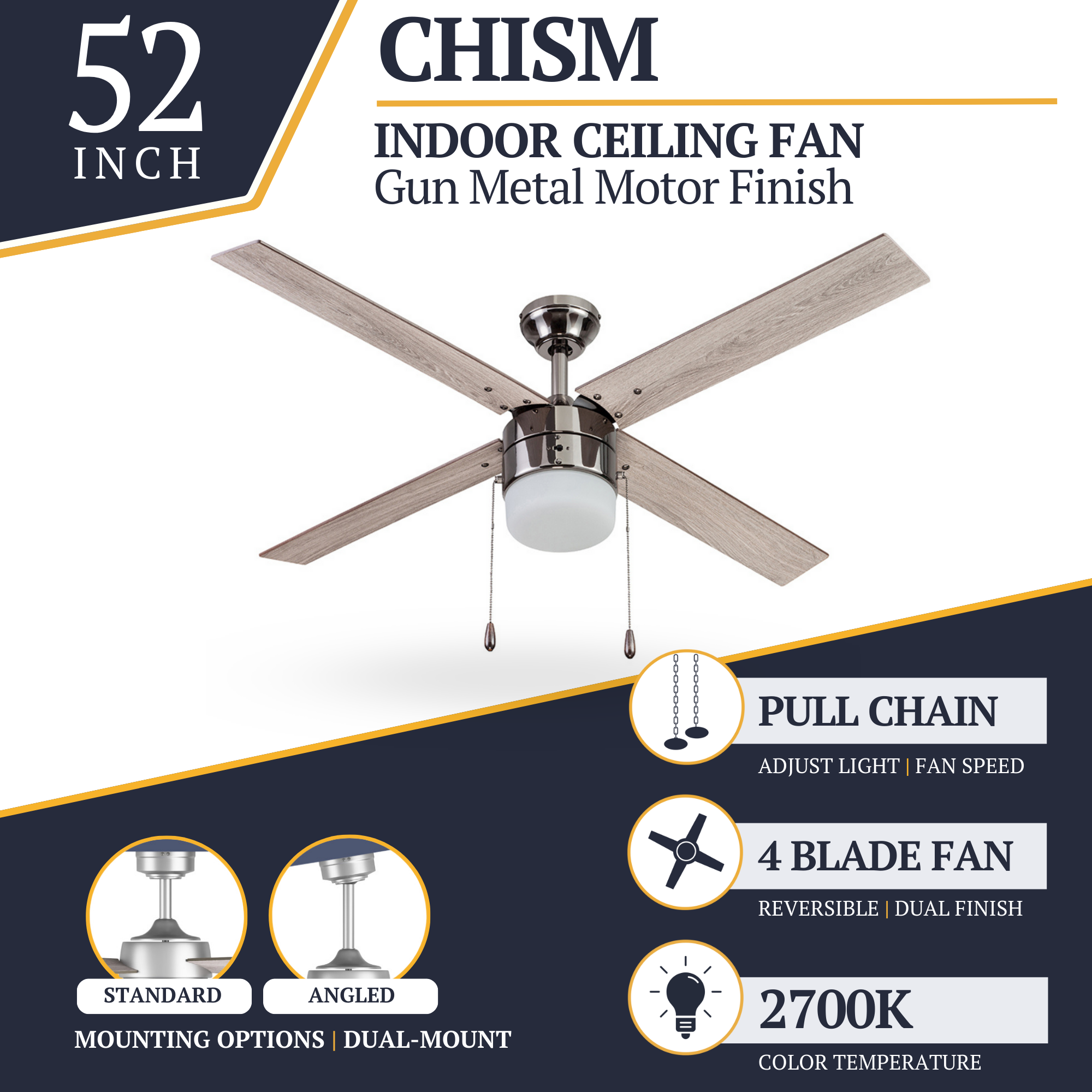 52 Inch Gun Metal Ceiling Fan with Pull Chain - Modern Industrial Style for Living Room, Bedroom, and Office Cooling